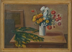 Antique 1911 Modern Floral Still Life of Ranunculus and Mustard Oil Painting on Linen