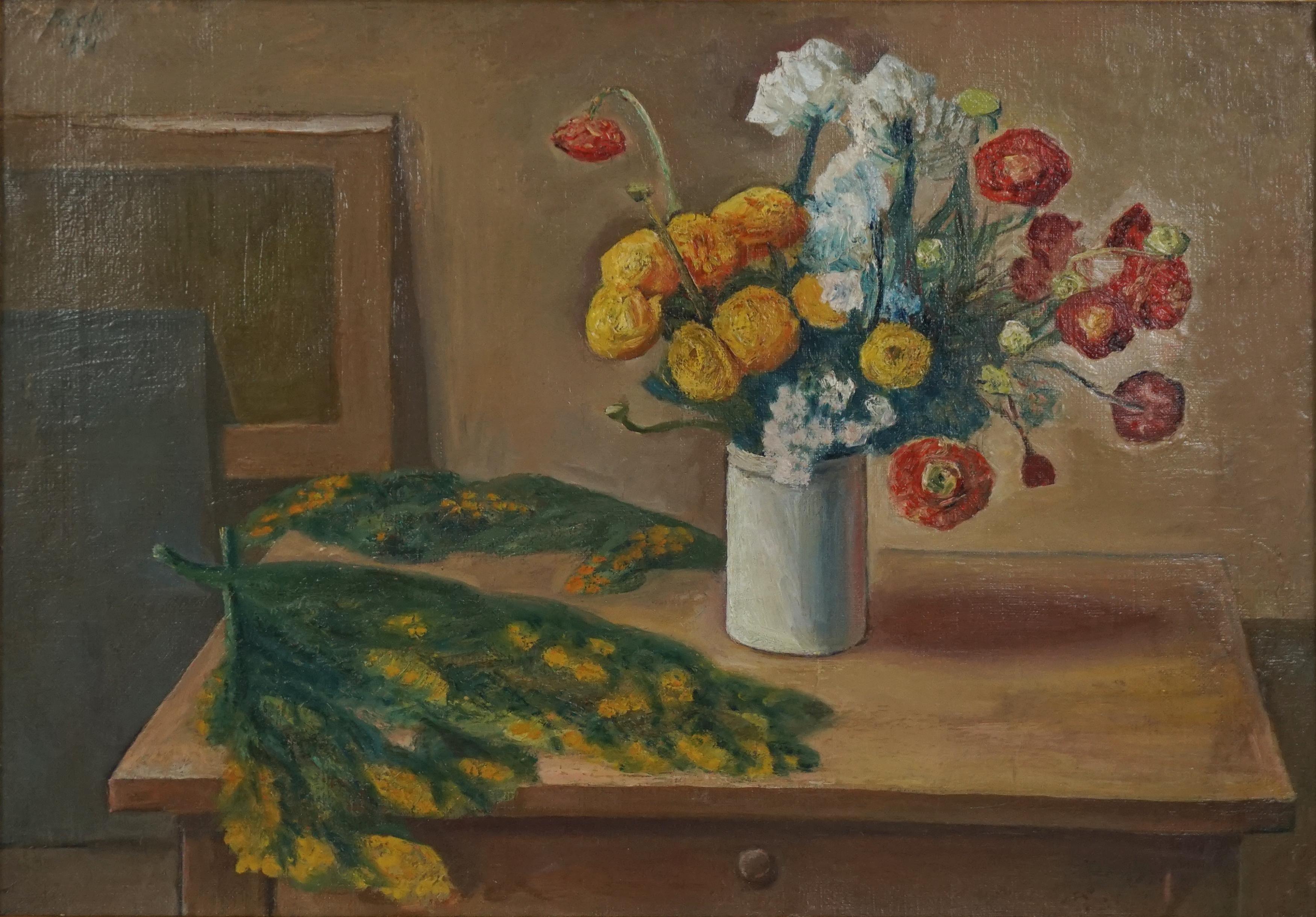Modernes geblümtes Stillleben von Ranunculus und Senf, Ölgemälde auf Leinen, 1911 – Painting von Walter Pach