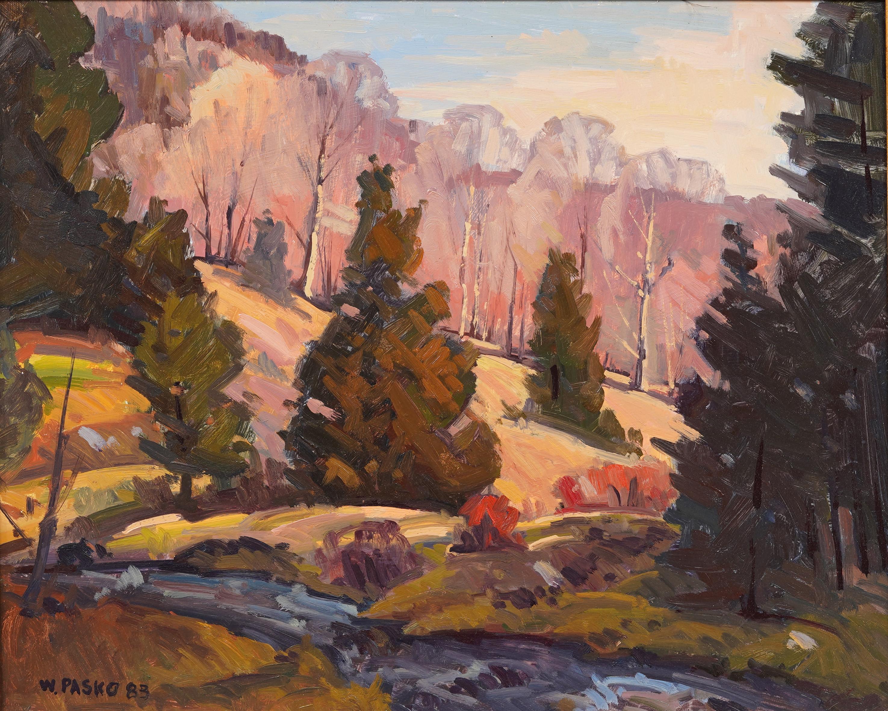 Impressionista americano d'epoca Fall River Landscape, dipinto ad olio con cornice e firma - Painting Impressionismo di Walter Pasko