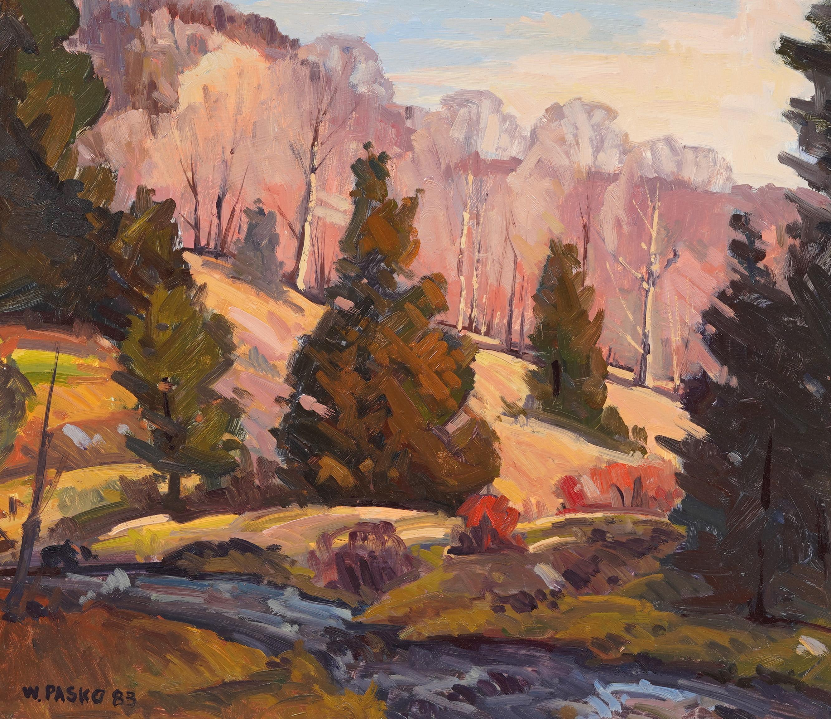 Impressionista americano d'epoca Fall River Landscape, dipinto ad olio con cornice e firma - Landscape Painting Marrone di Walter Pasko