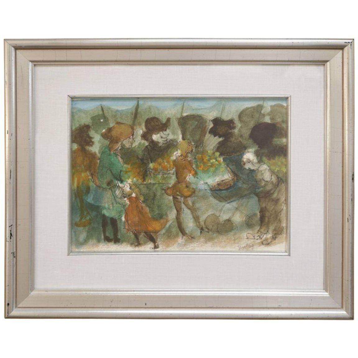 Watercolor of a Market Scene by Walter Peregoy For Sale 4