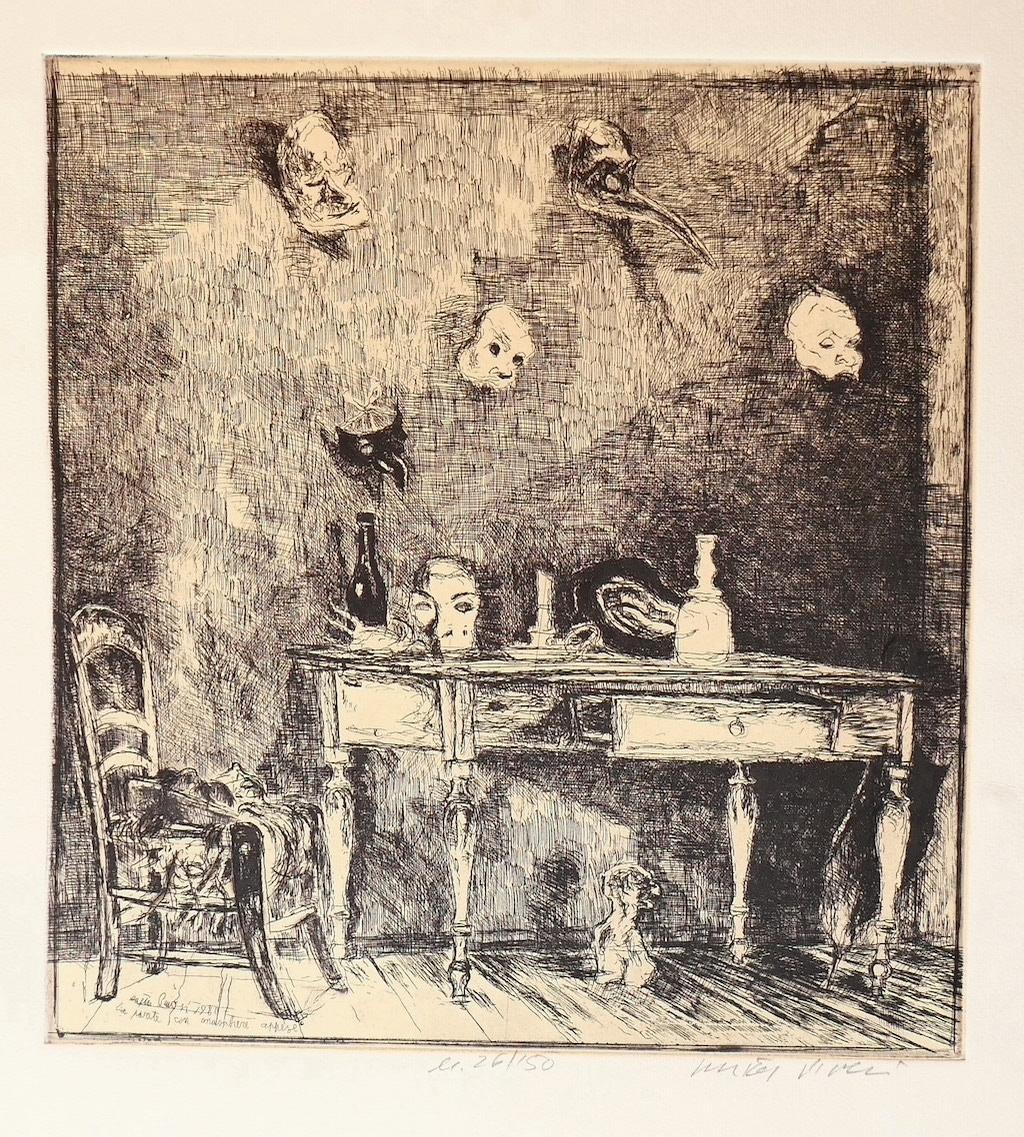 Portrait is an original etching realized by the Italian artist Walter Piacesi.

Hand-signed

Numbered. Edition, 26/150.

In good conditions.

The artwork represents a scenery of different masks on the wall..The artwork is depicted skilfully by