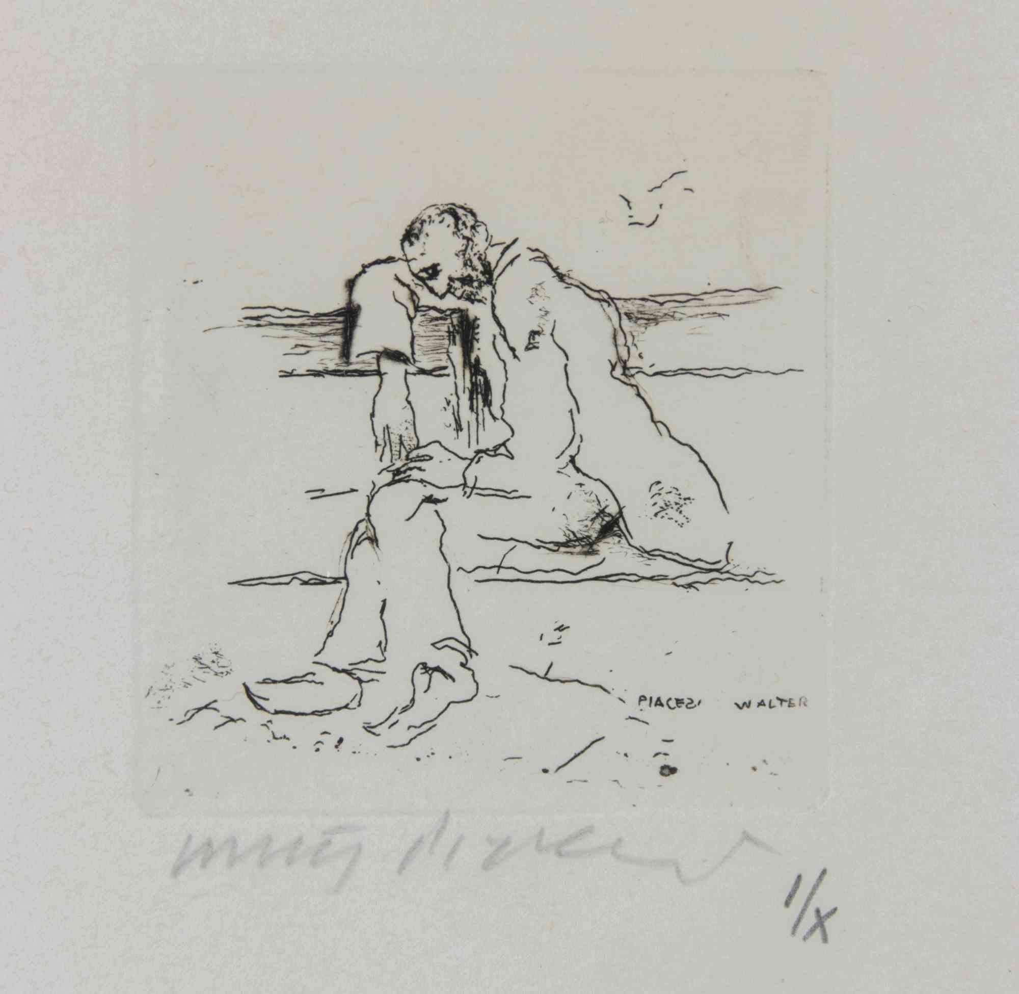 Etching and drypoint realized by Walter Piacesi in 1972.

Edition of I/X.

Hand signed and numbered.

Includes a wooden frame cm. 38x28. Image dimension cm. 8x7.

Very good condition.
