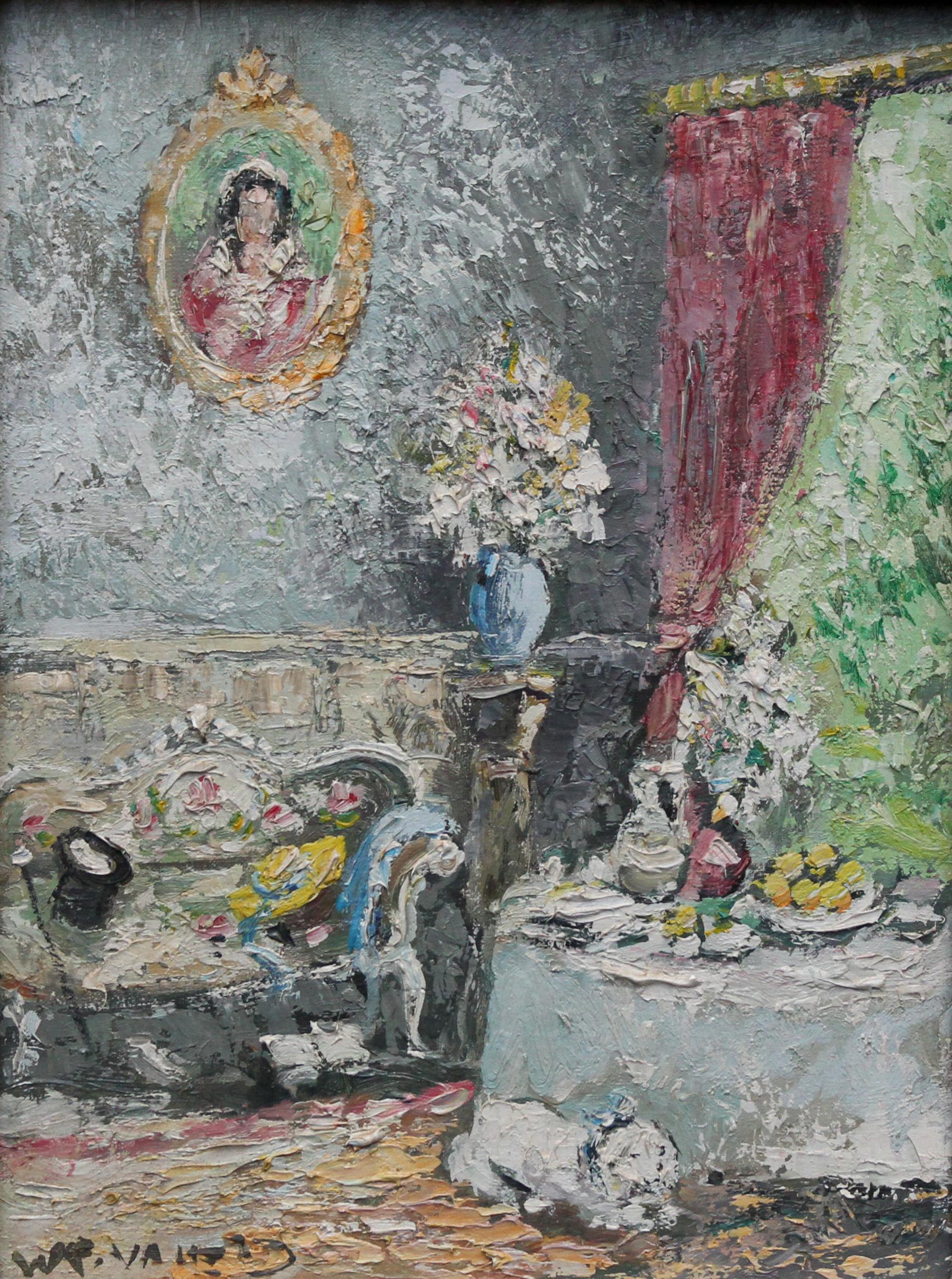 Paris Interior - Post Impressionist 50's German oil painting French sitting room - Painting by Walter Prescher van Ed