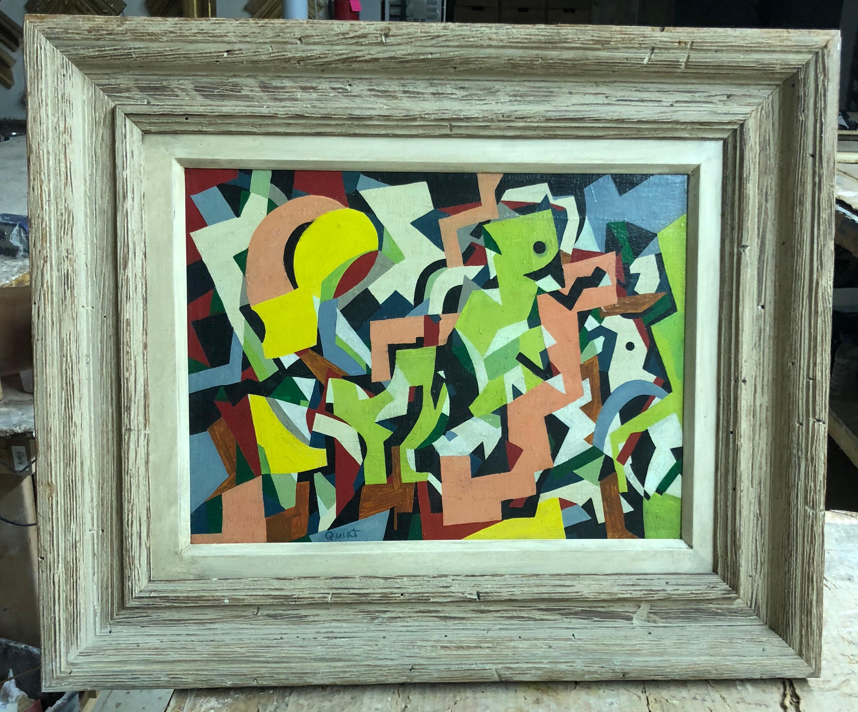 Der amerikanische Künstler Walter Quirt malte dieses modernistische, gegenstandslose, geometrische, abstrakte Ölfarbfeld während der WPA-Ära in den 1930er Jahren.

Abstraktion, 12 x 16 Zoll. Öl auf Leinwand. Signiert unten in der Mitte. Geschnitzter