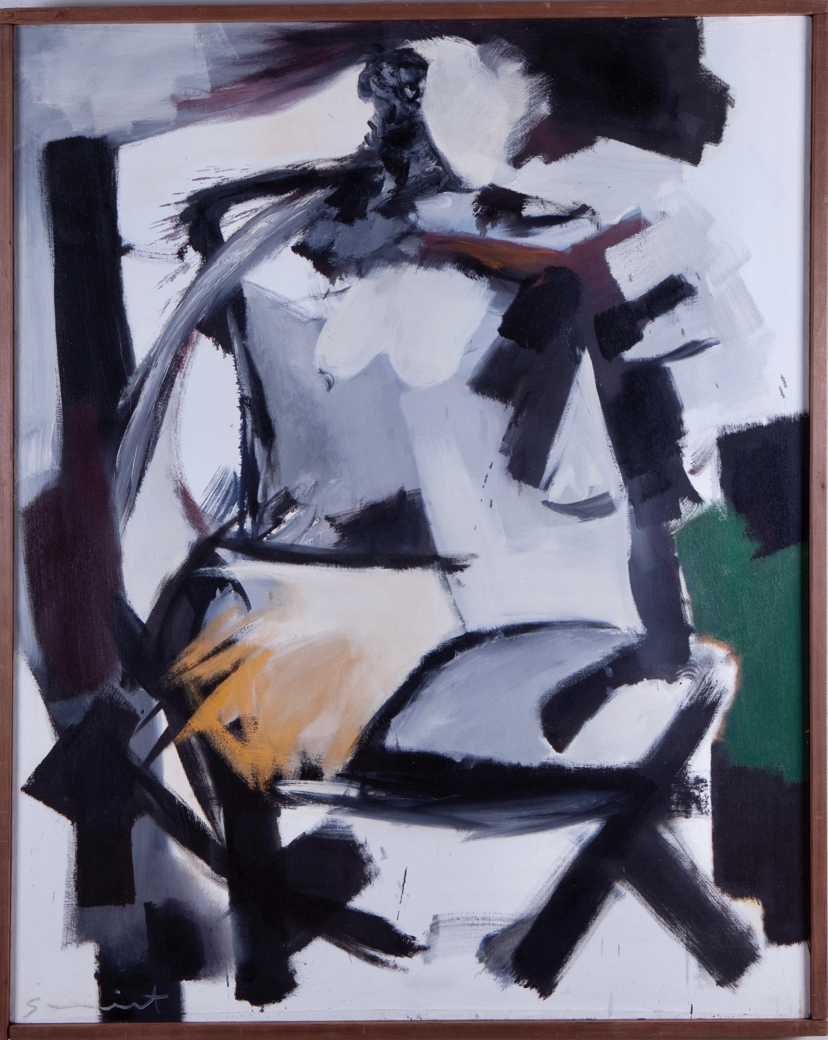 Walter Quirt Abstract Painting - Use of White, Seated Figure (1961) Mid Century Modern Figurative Expressionist 