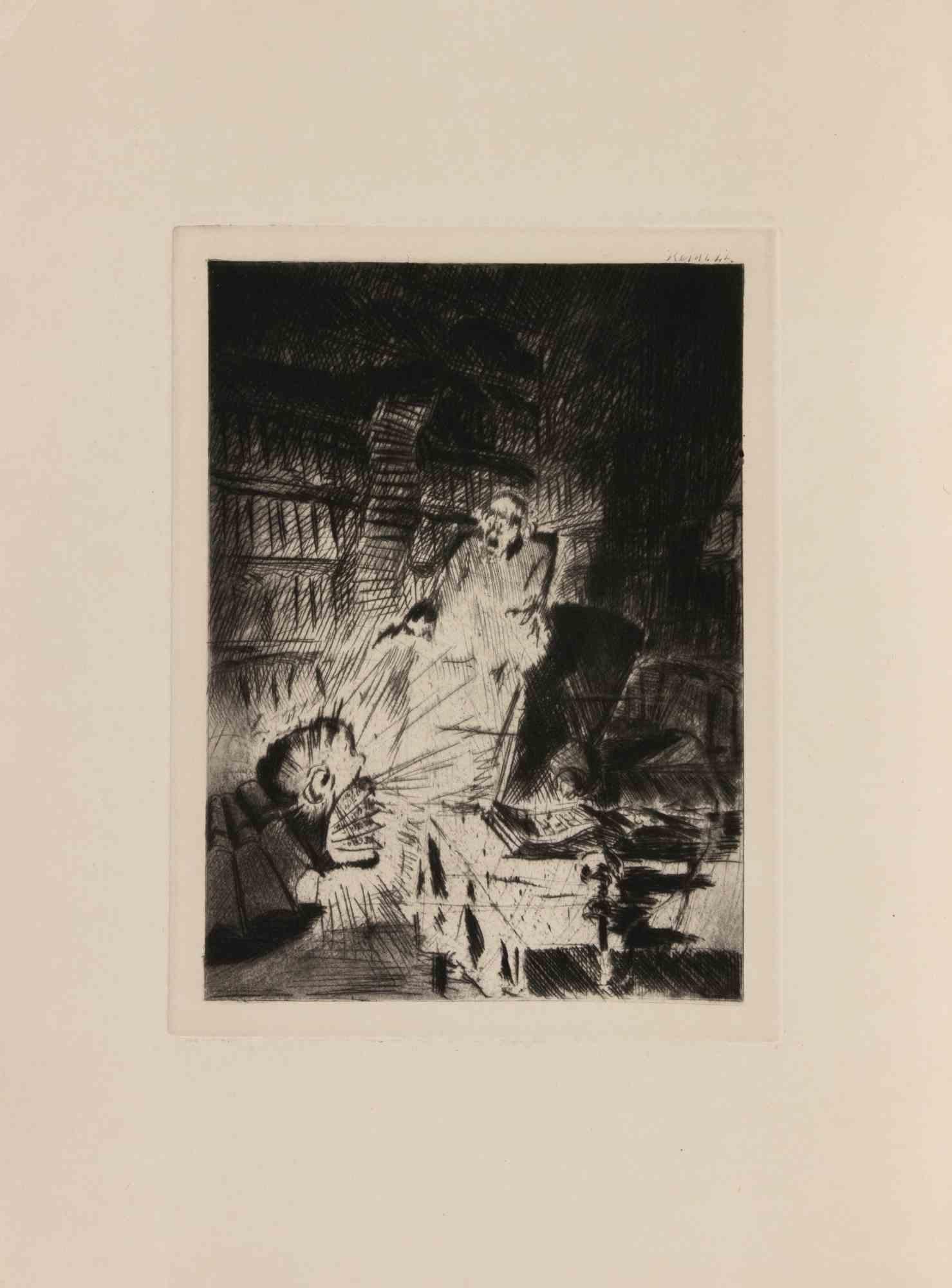 Walter Richard Rehn Figurative Print - Dramatic Interior Scene - Etching by W.R. Rehn - Early 20th Century