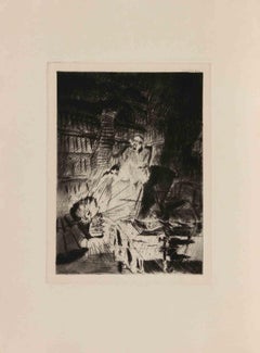 Escena dramática de interior - Aguafuerte de W.R. Rehn - Principios del siglo XX