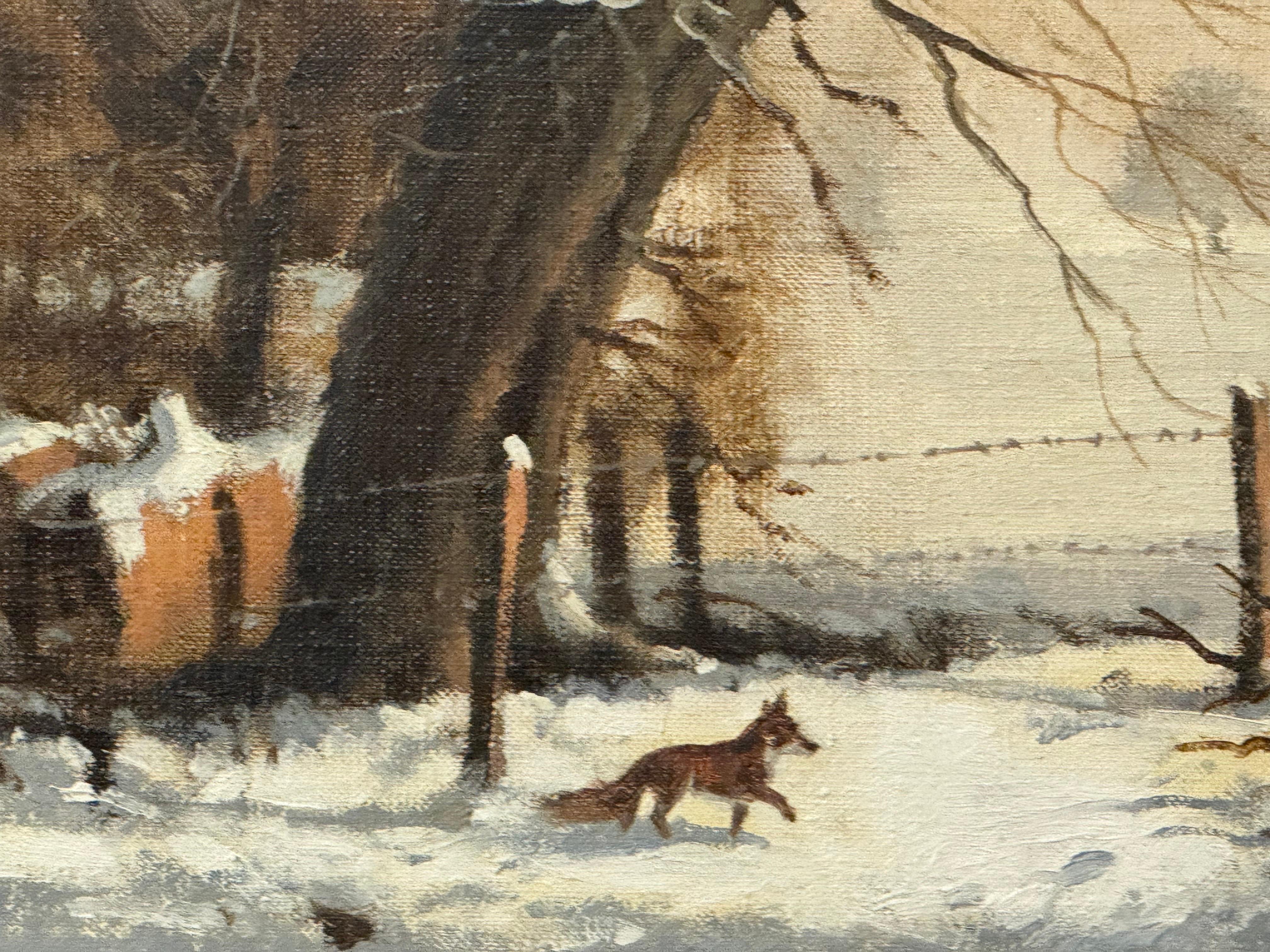 Zorro bajo un sauce Pintura al óleo de la campiña inglesa Vintage 20th Century 4