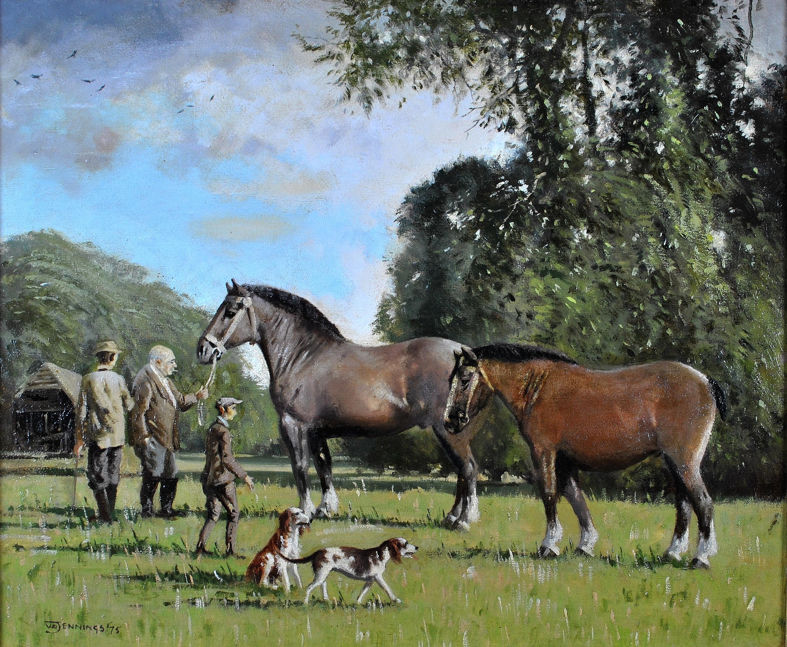 Fuori dall'imbracatura - Grande olio su tela inglese con cavalli in un dipinto di paesaggio - Painting di Walter Robin Jennings