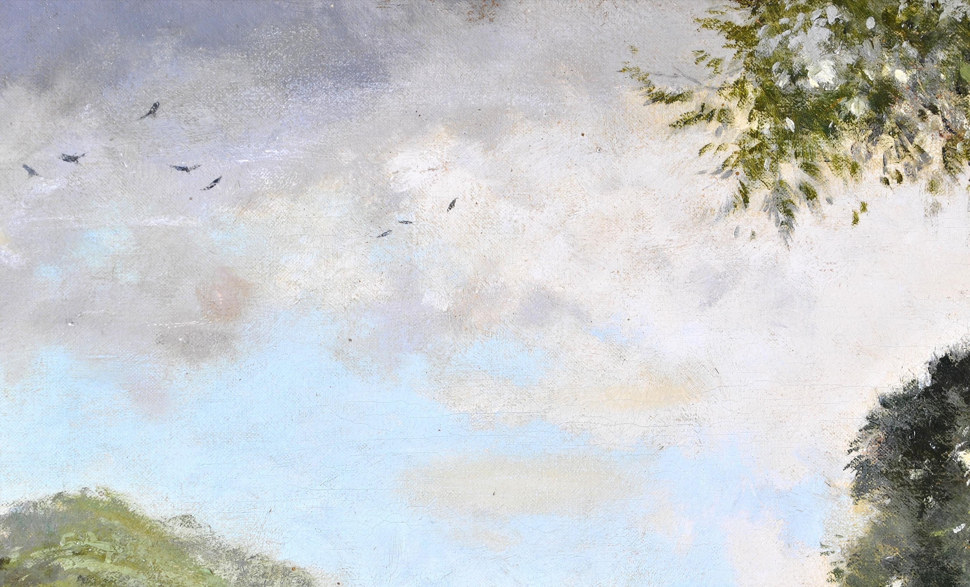 Out of Harness - Grande huile sur toile anglaise - Chevaux dans un paysage en vente 1