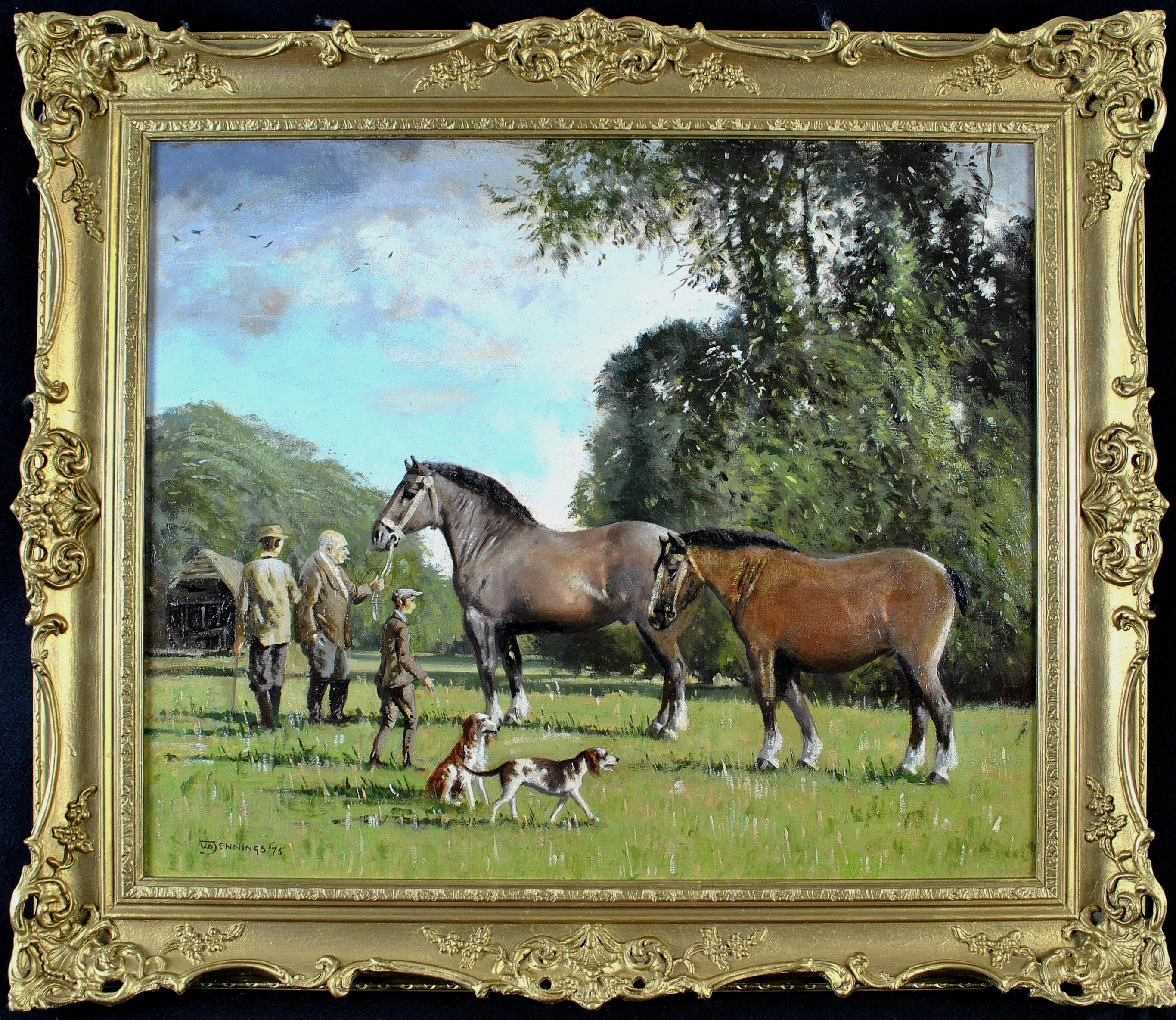 Out of Harness - Large English Oil on Canvas Horses in a Landscape Painting