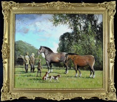 Out of Harness - Large English Oil on Canvas Horses in a Landscape Painting
