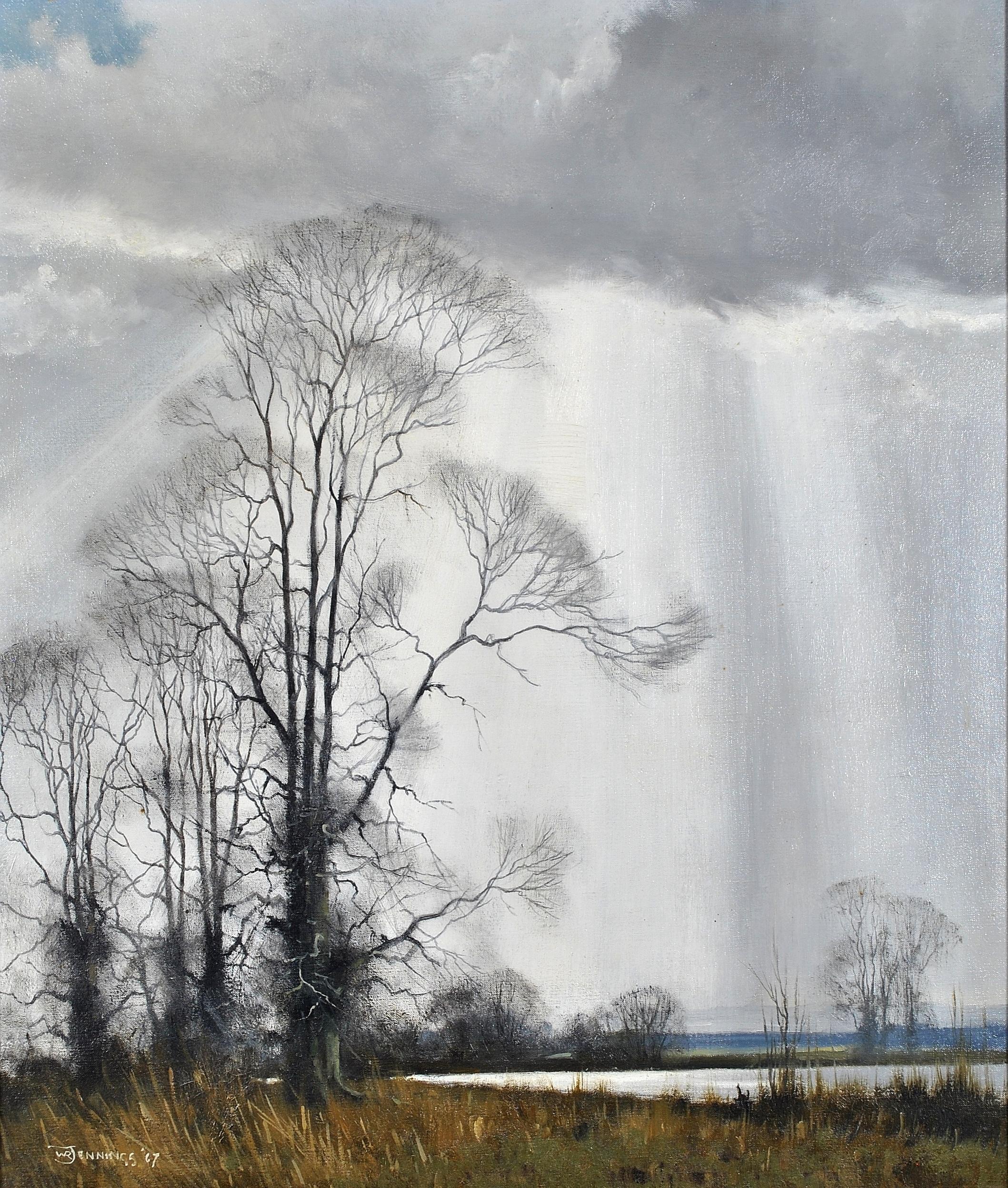 Silhouettes - Paesaggio invernale atmosferico inglese di grandi dimensioni Olio su tela - Painting di Walter Robin Jennings