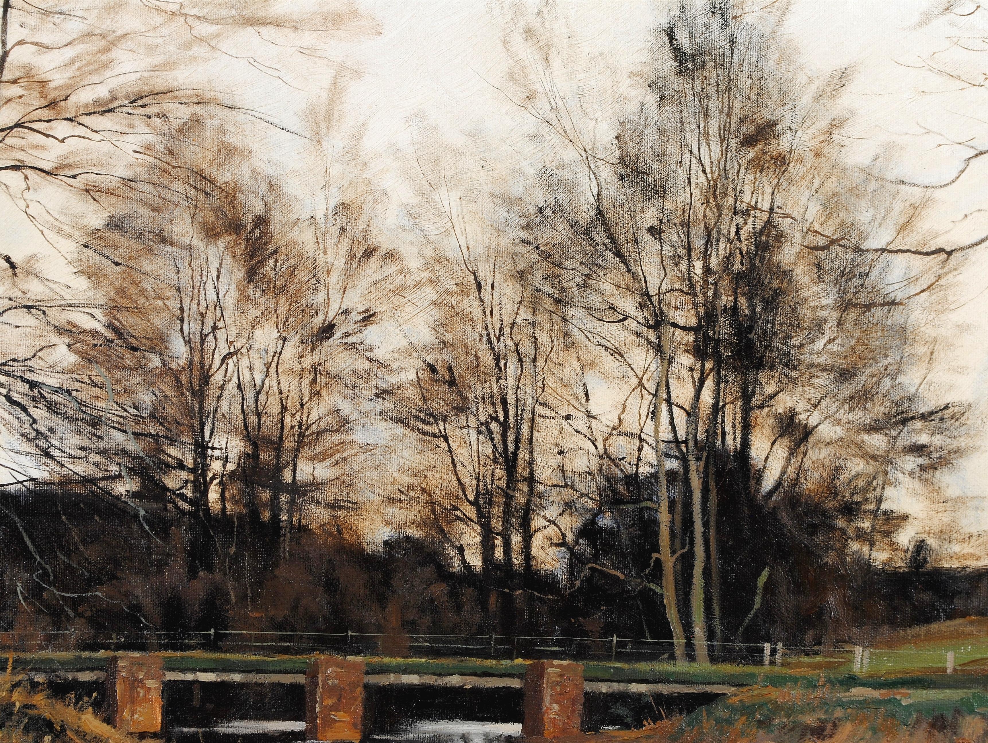 Swans on a River - Große englische atmosphärische Winterlandschaft, Ölgemälde im Angebot 1