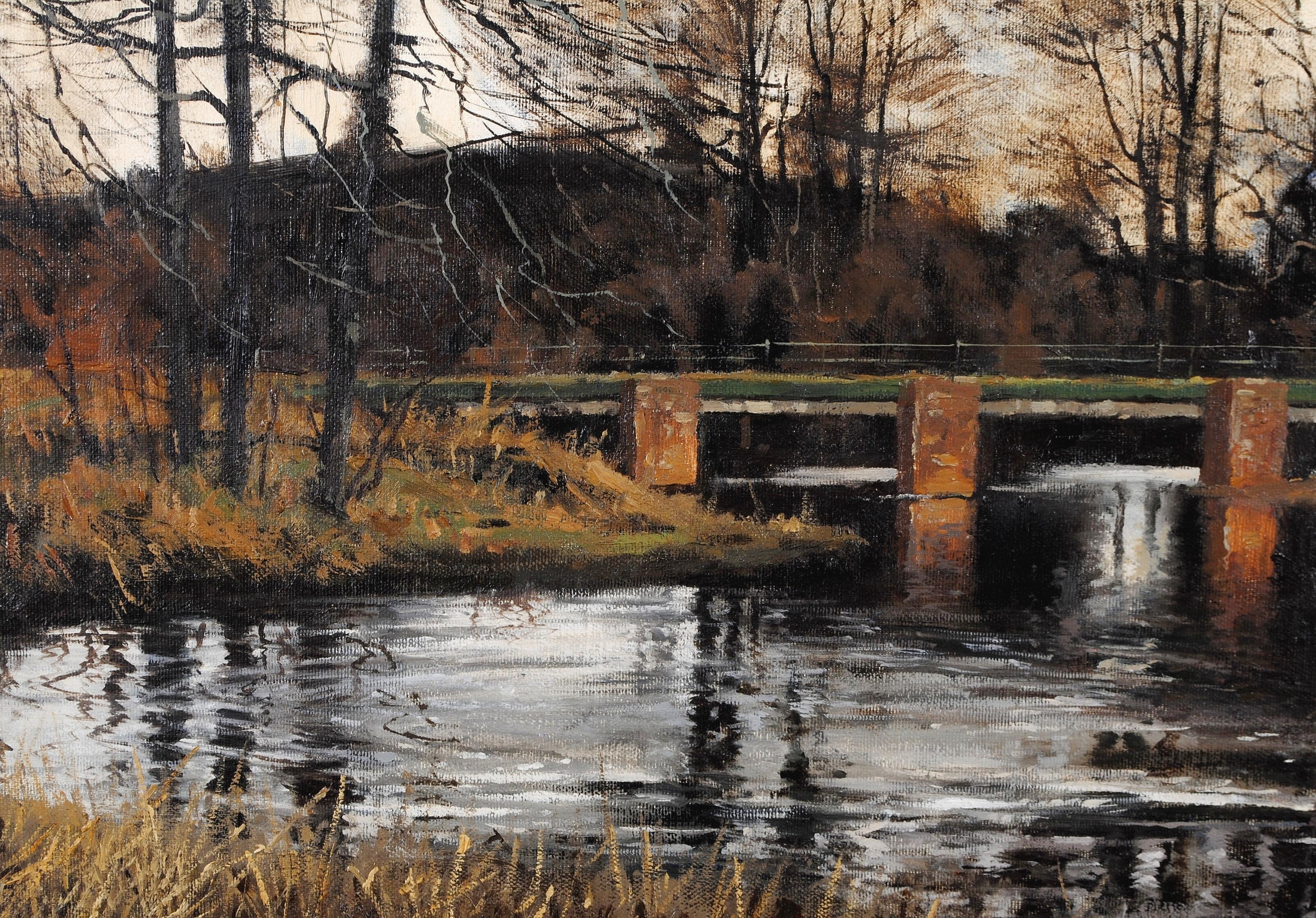 Swans on a River - Große englische atmosphärische Winterlandschaft, Ölgemälde im Angebot 2
