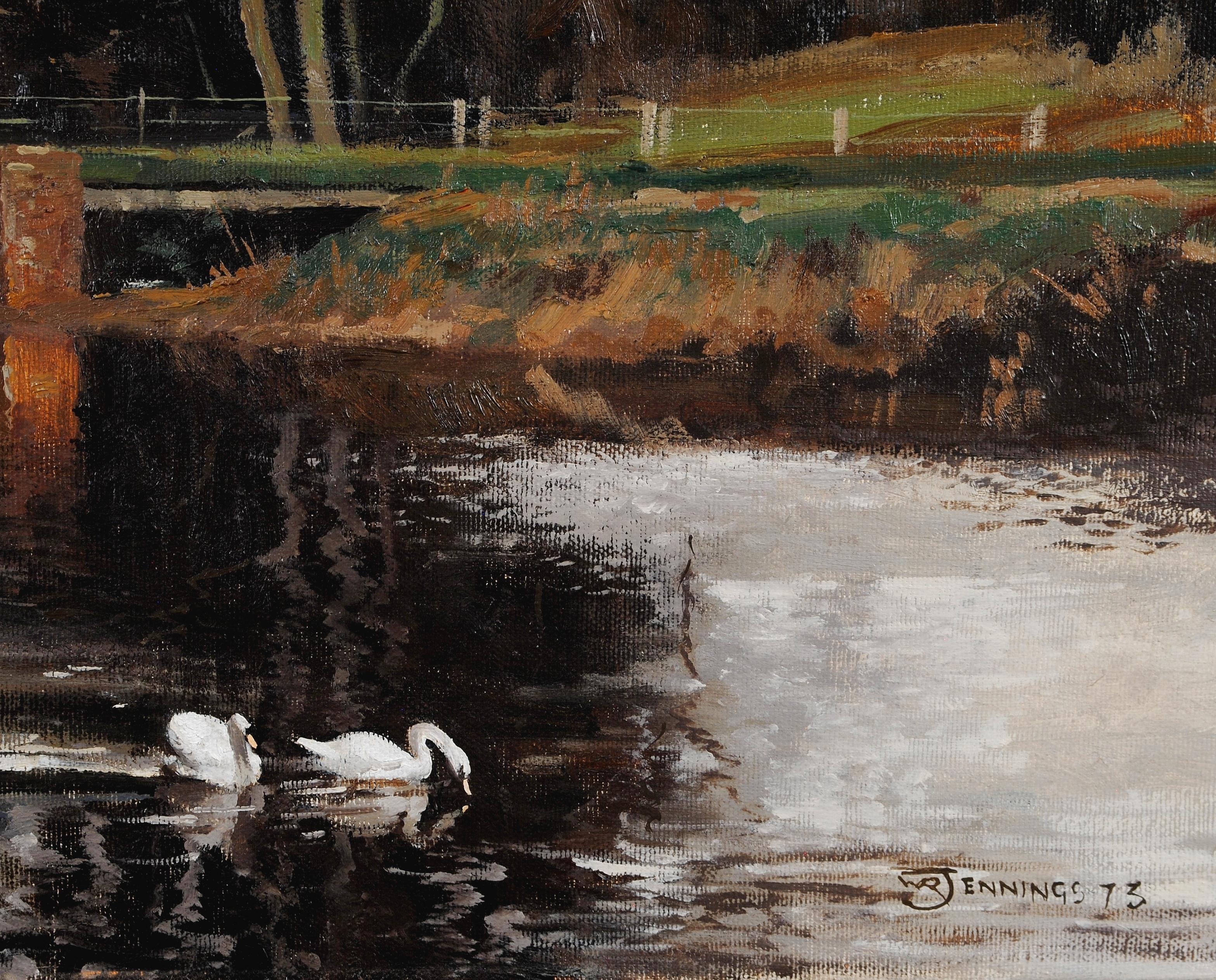Swans on a River - Große englische atmosphärische Winterlandschaft, Ölgemälde im Angebot 4