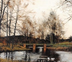Swans on a River - Large English Atmospheric Winter Landscape Oil Painting