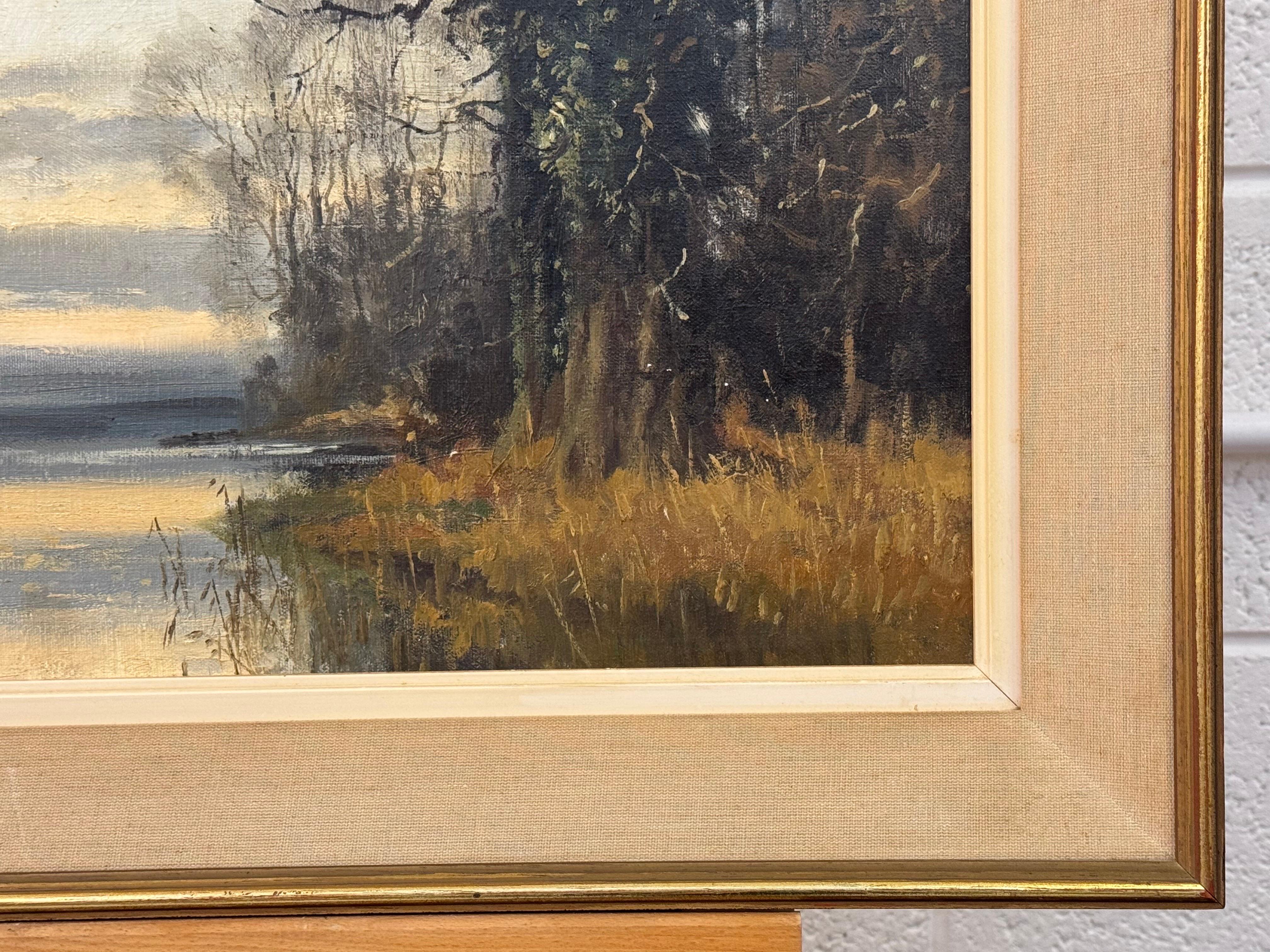 Winter Evening Ducks Flying over Water - English Countryside Vintage British Art en vente 5