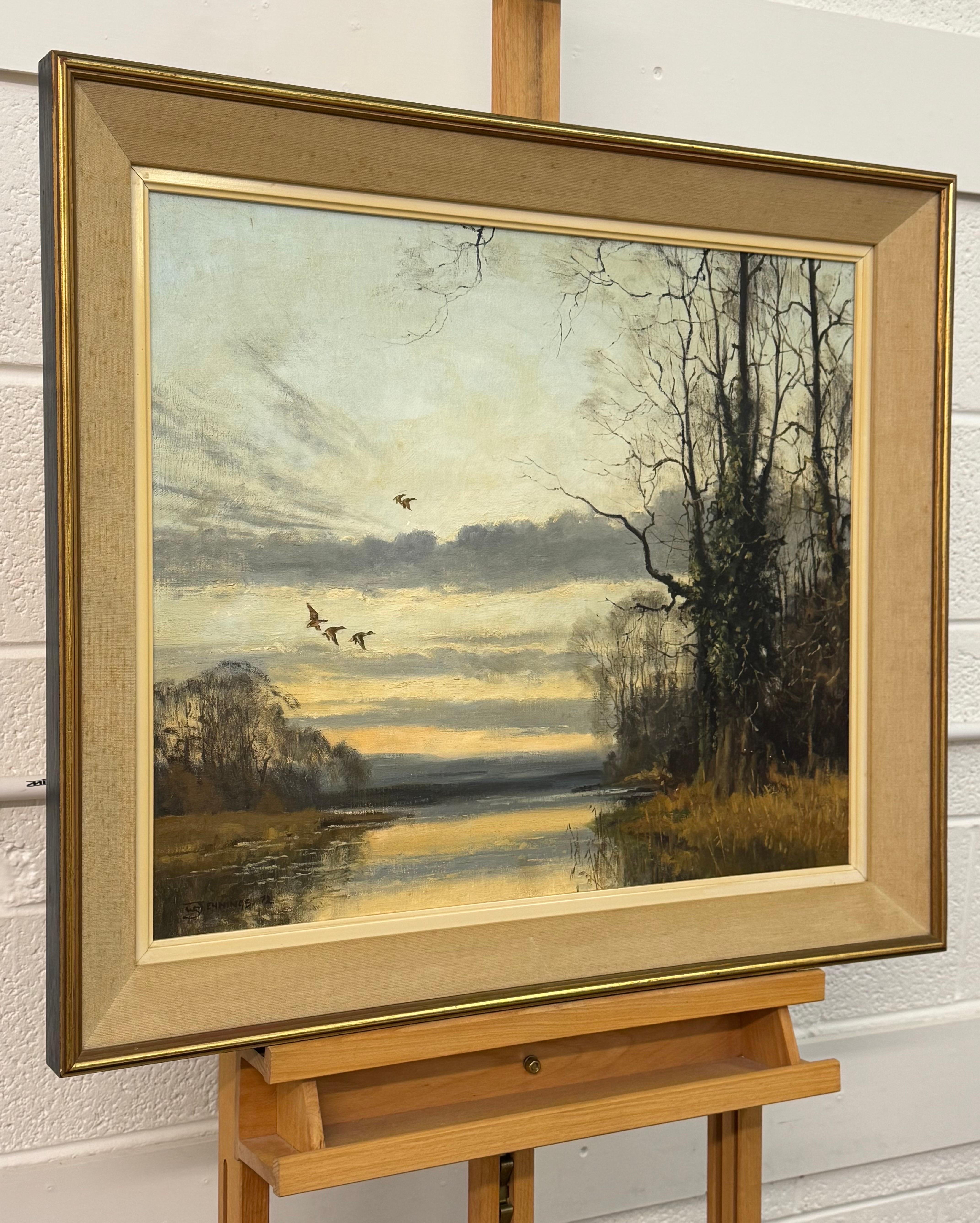 Winter Evening Ducks Flying over Water - English Countryside Vintage British Art - Painting de Walter Robin Jennings