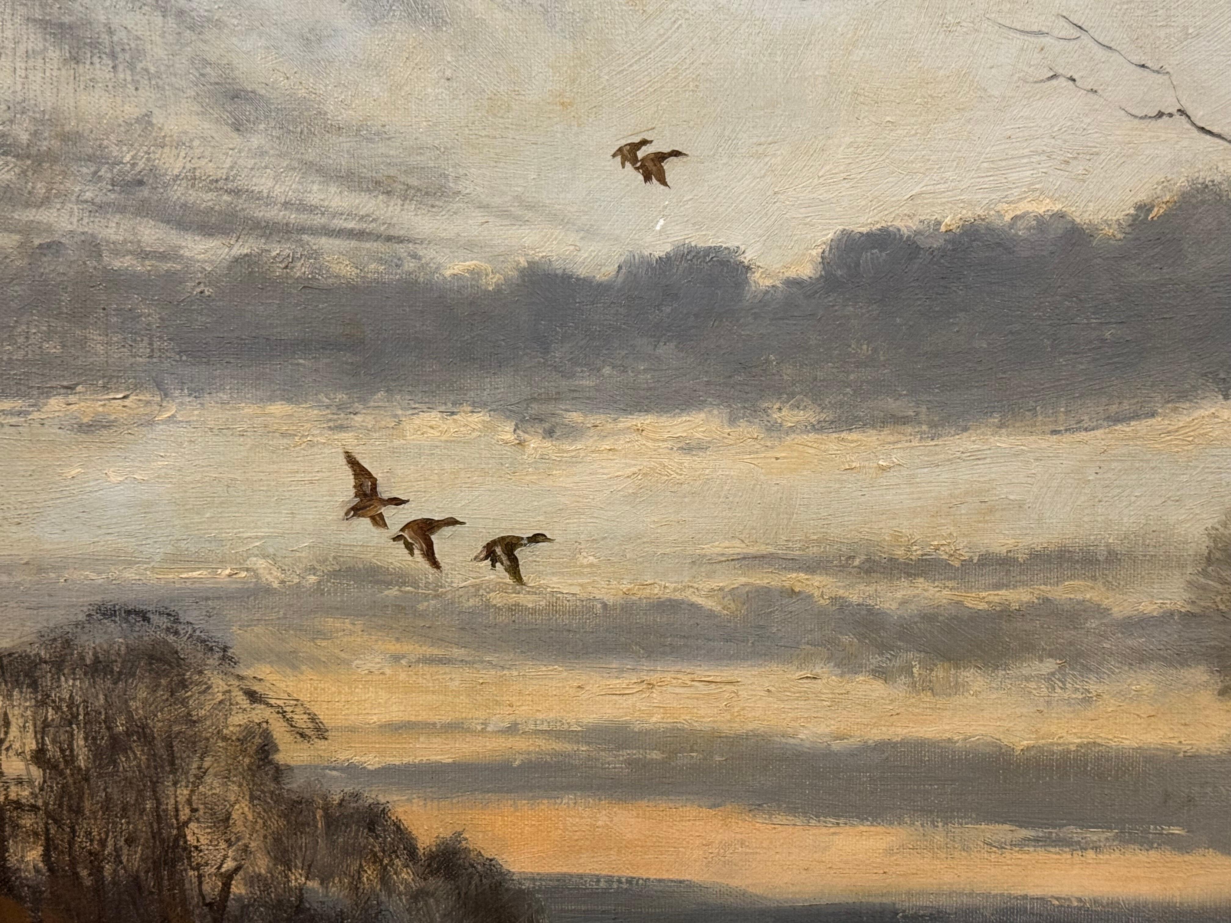 Soirée d'hiver - Canards volant au-dessus de l'eau - Campagne anglaise - Vintage British Art by 20th Century Artist, Walter Robin Jennings (1927-2005). W R Jennings a exposé à Londres, Paris et New York et ses peintures de l'Angleterre font partie