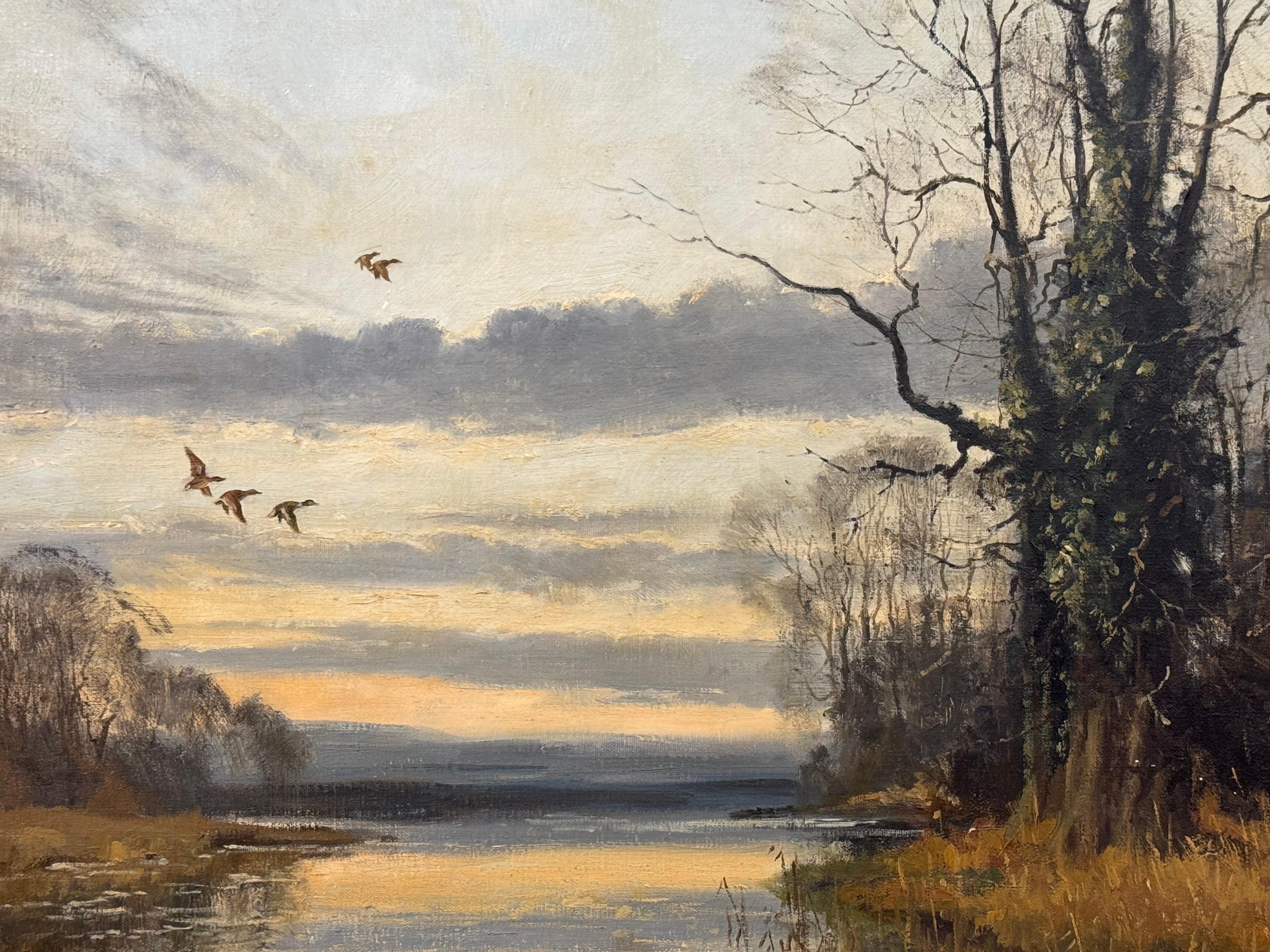 Winter Evening Ducks Flying over Water - English Countryside Vintage British Art en vente 1