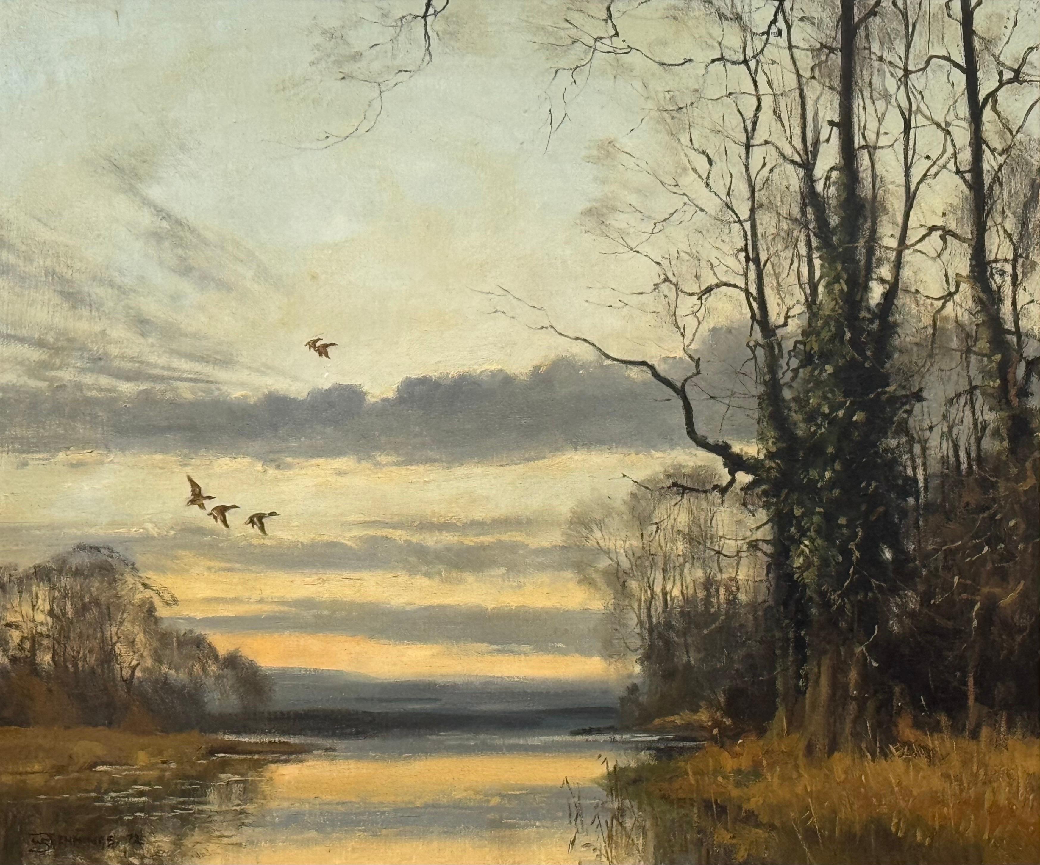 Winter Evening Ducks Flying over Water - English Countryside Vintage British Art en vente 3