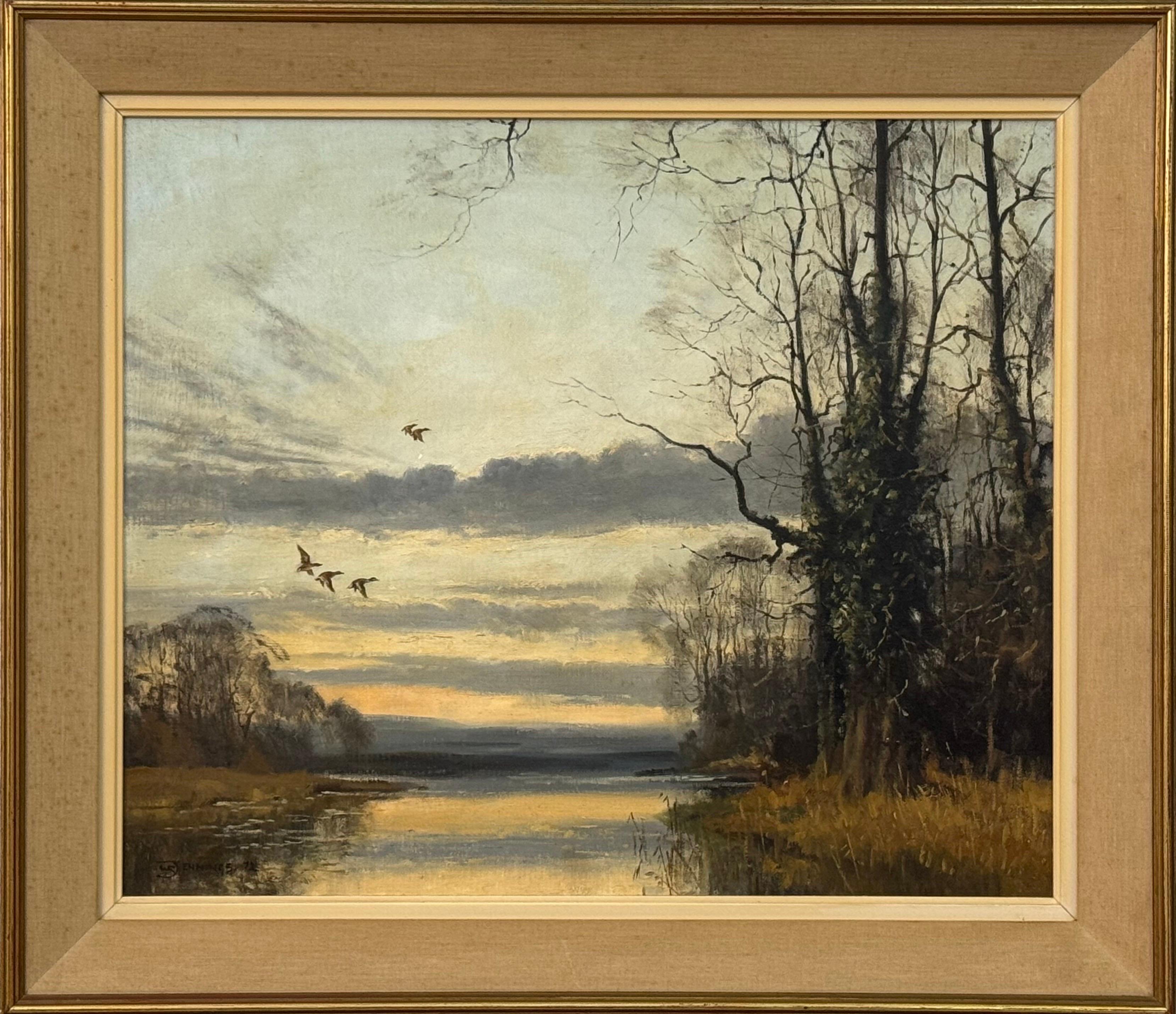 Serata d'inverno con anatre in volo sull'acqua - Campagna inglese Vintage British Art