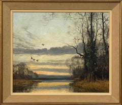 Serata d'inverno con anatre in volo sull'acqua - Campagna inglese Vintage British Art