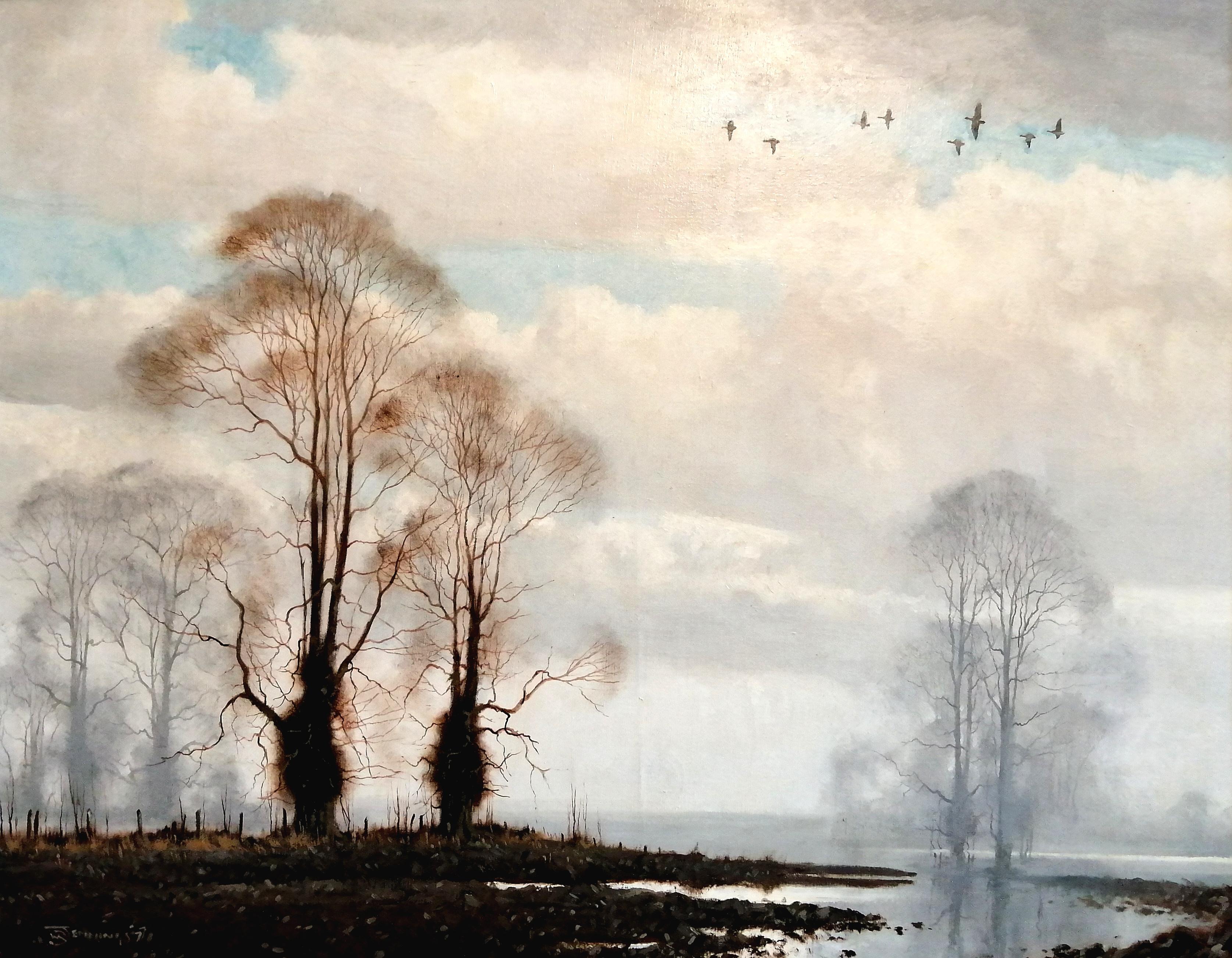 Winter's End - Riesige stimmungsvolle englische Flusslandschaft Öl auf Leinwand Gemälde – Painting von Walter Robin Jennings