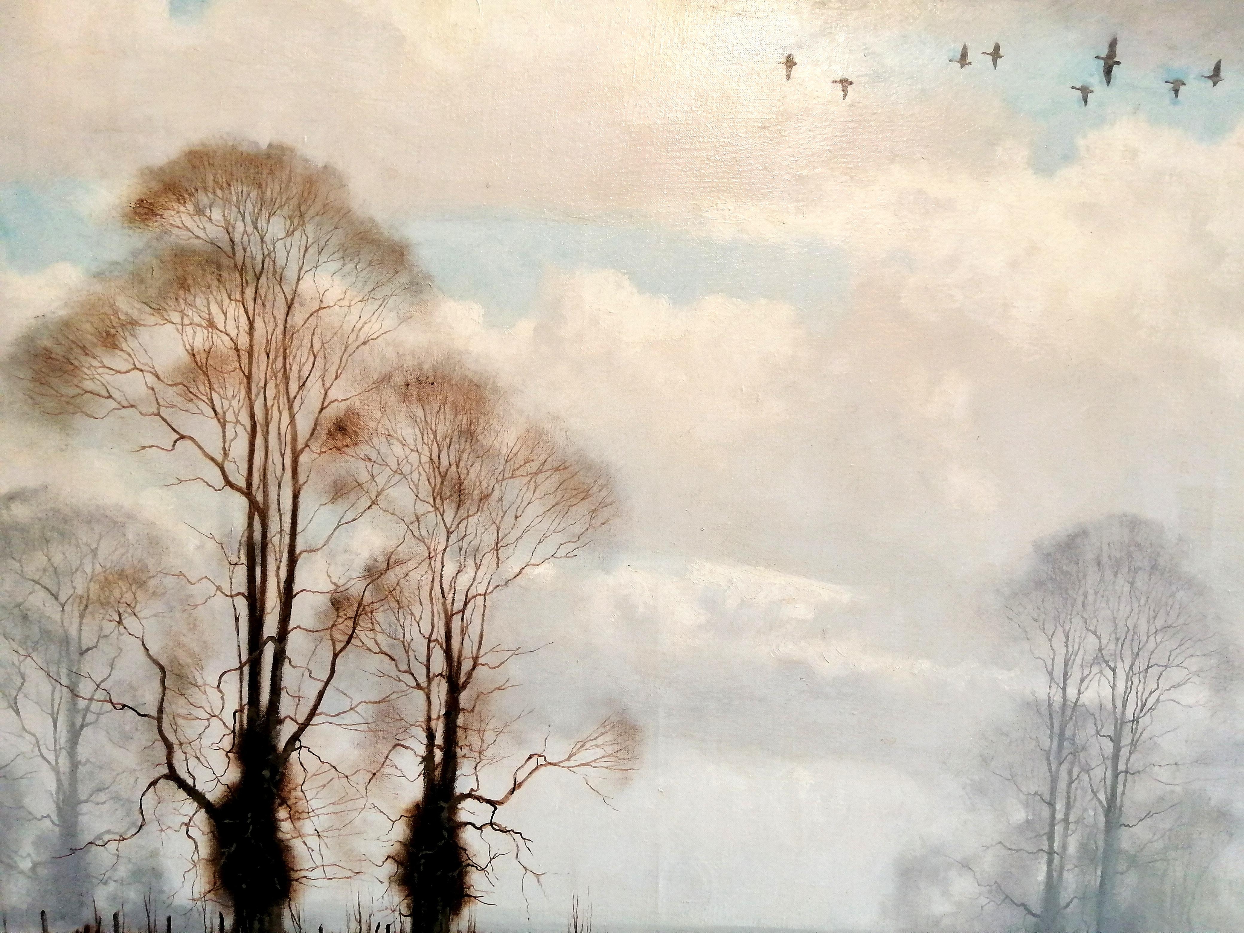 Winter's End - Riesige stimmungsvolle englische Flusslandschaft Öl auf Leinwand Gemälde (Beige), Landscape Painting, von Walter Robin Jennings