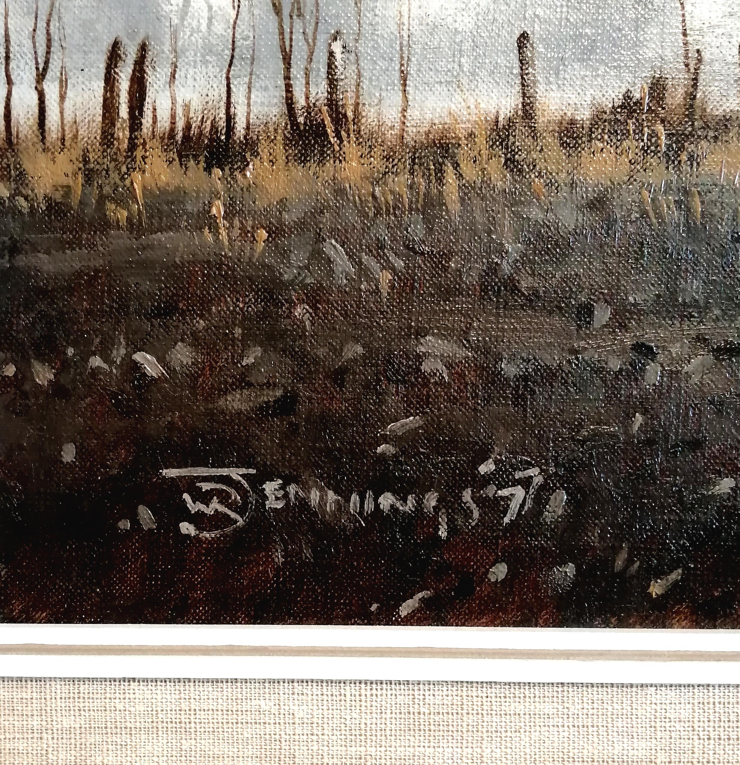 Ein großes englisches Ölgemälde auf Leinwand von Walter Robin Jennings, das eine stimmungsvolle Flusslandschaft im Spätwinter zeigt. 

Das Werk ist auf der Rückseite mit 