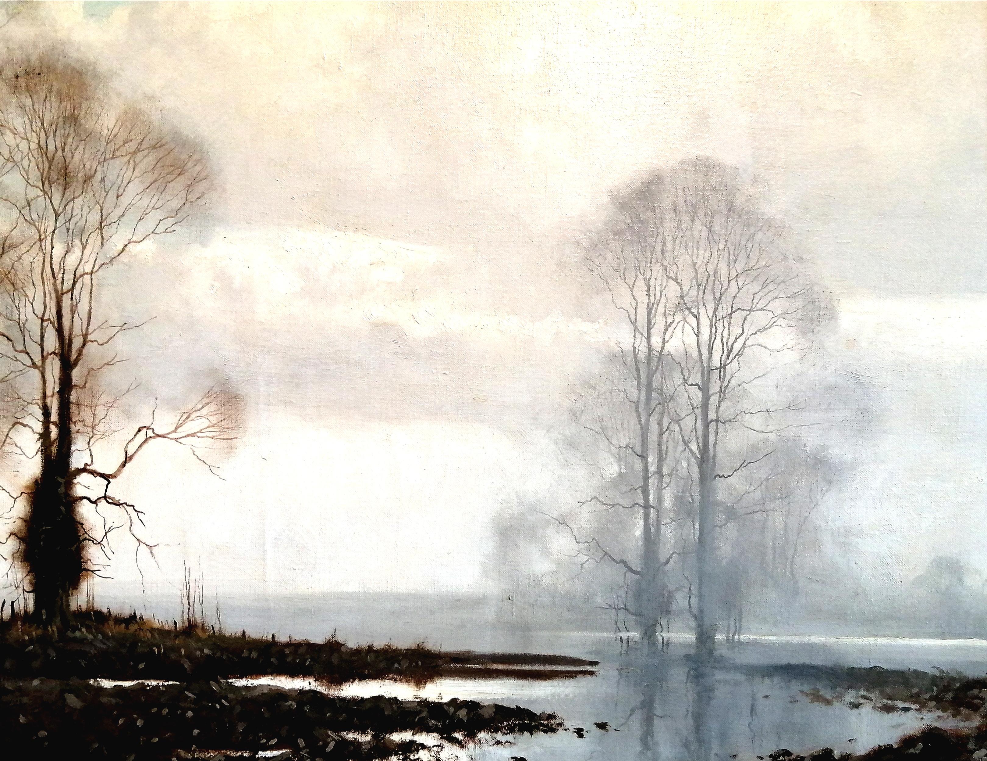 Winter's End - Riesige stimmungsvolle englische Flusslandschaft Öl auf Leinwand Gemälde im Angebot 3
