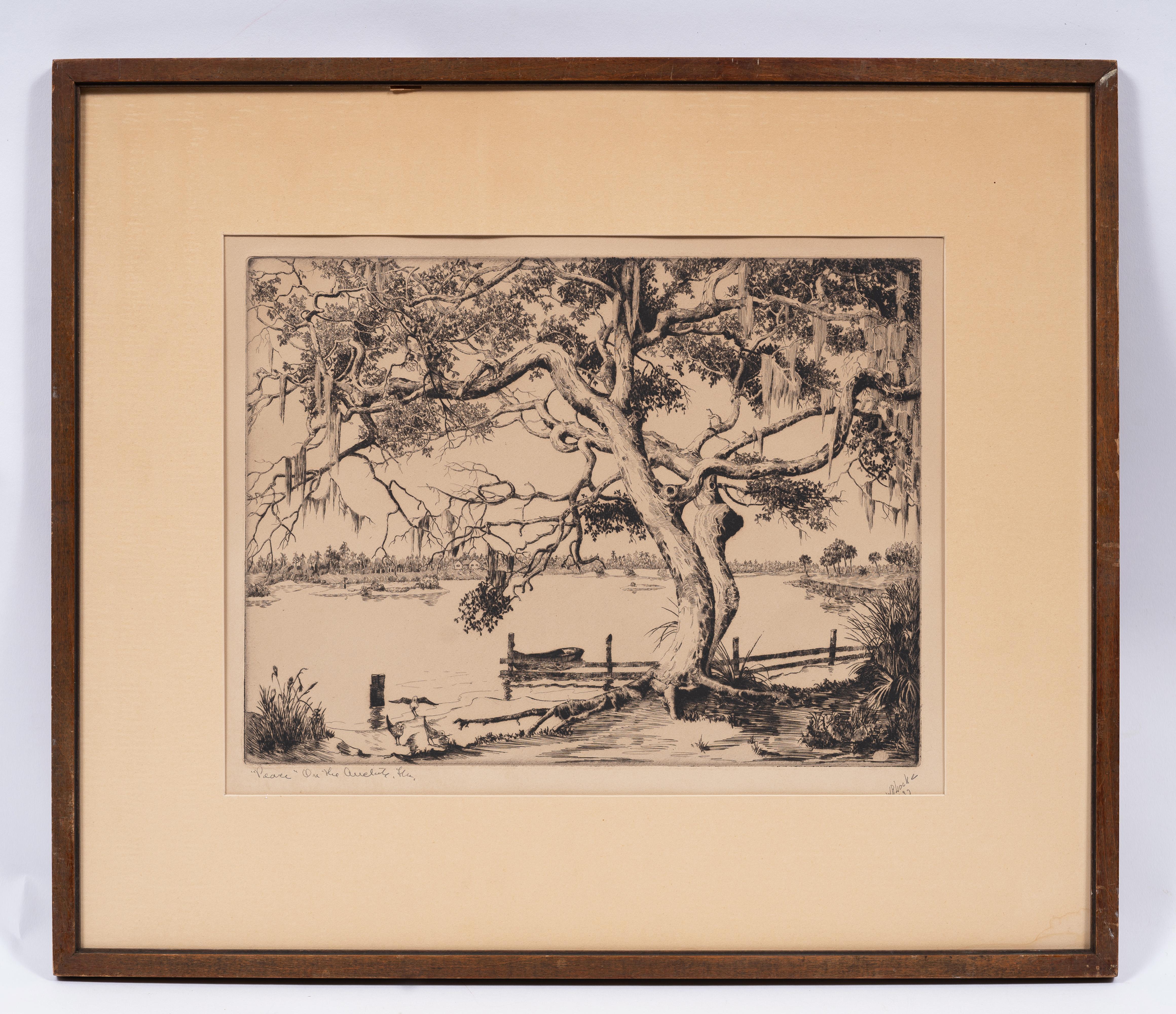 Antique American Old Florida Southern School Landscape Signed Etching - Realist Painting by walter ronald locke
