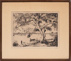 Antique American Old Florida Southern School Landscape Signed Etching