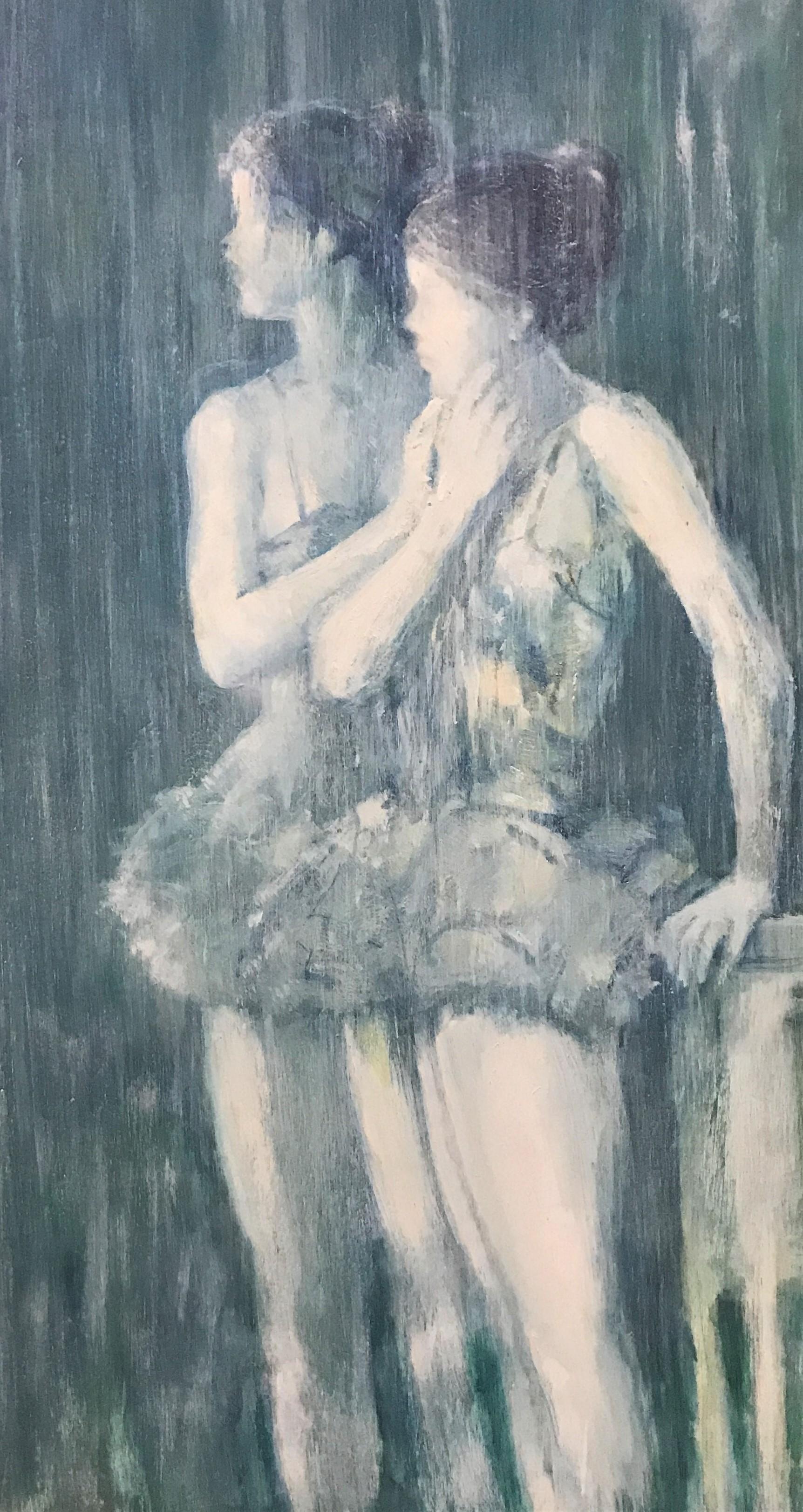 This is an original monochrome painting with a teal colour scheme by the artist Walter Rovira (b.1923). This work is an impressionist oil on board painting of a pair of Ballet dancers that is circa the 20th century.         
There is no public