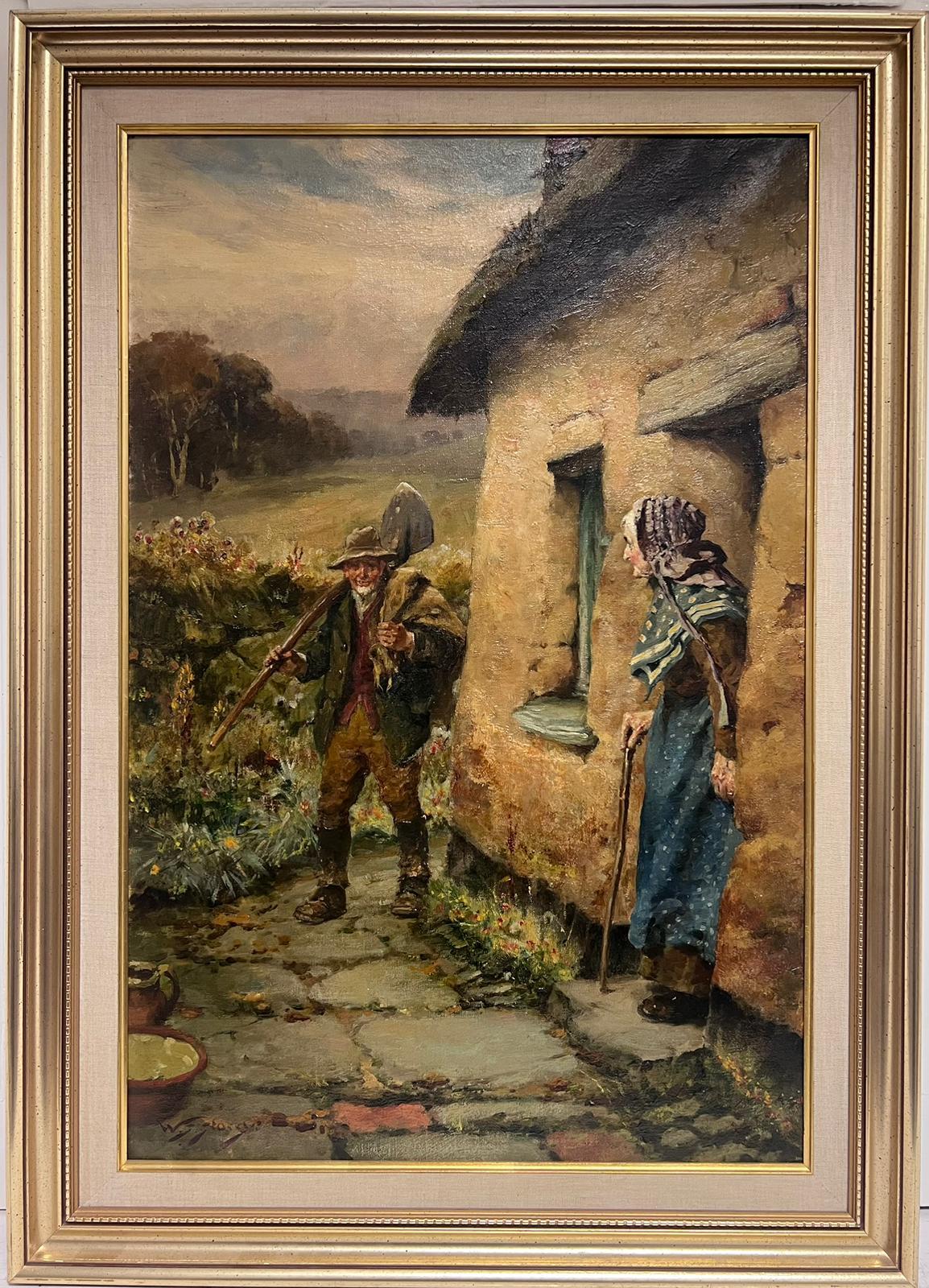 Viktorianisches englisches Ölgemälde, Gärtner, zurückkehrt ins Landhaus, Ölgemälde – Painting von Walter S. Stacey
