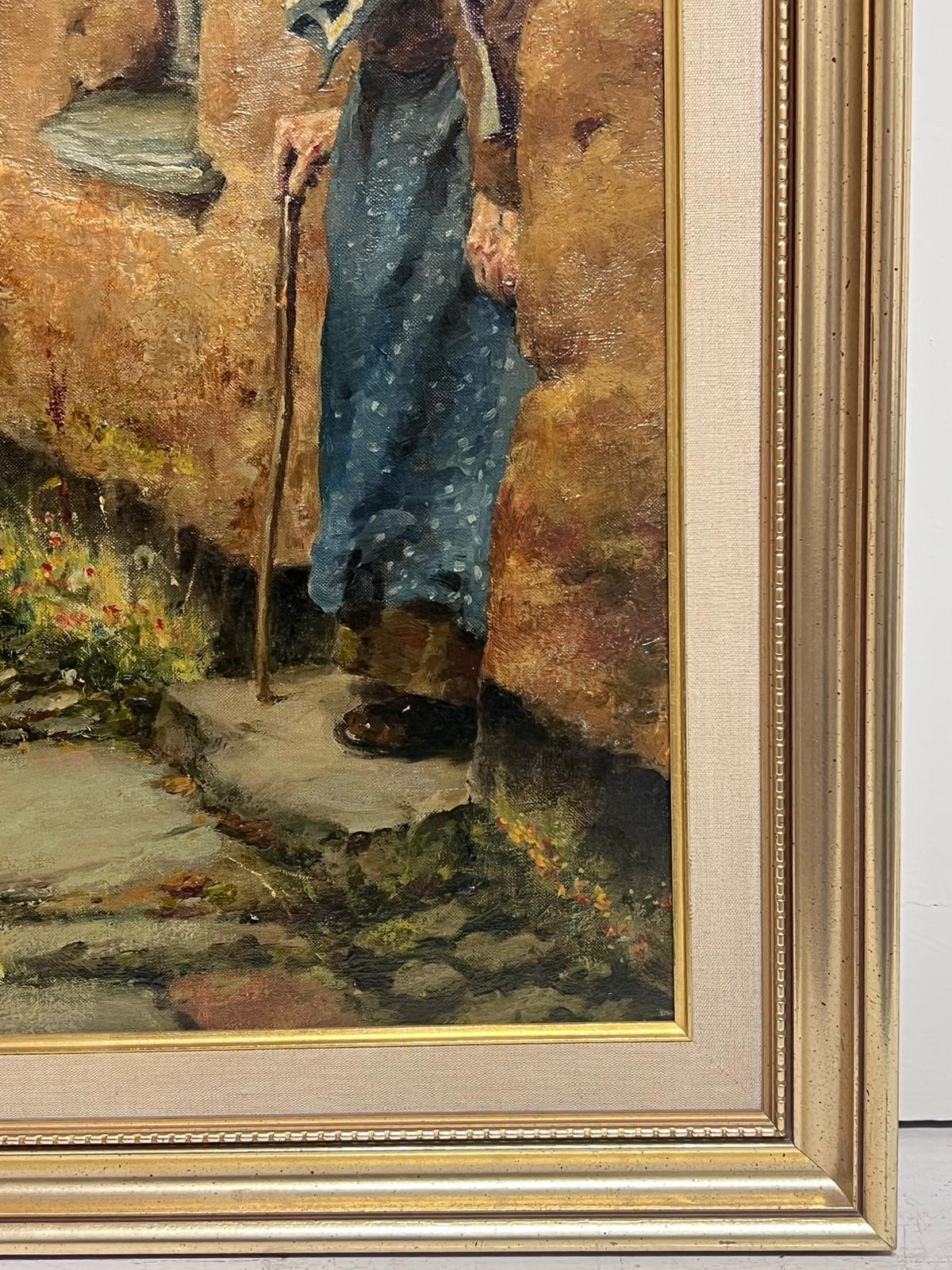Óleo inglés victoriano Jardinero volviendo a su casa de campo - Figurative Painting Marrón de Walter S. Stacey