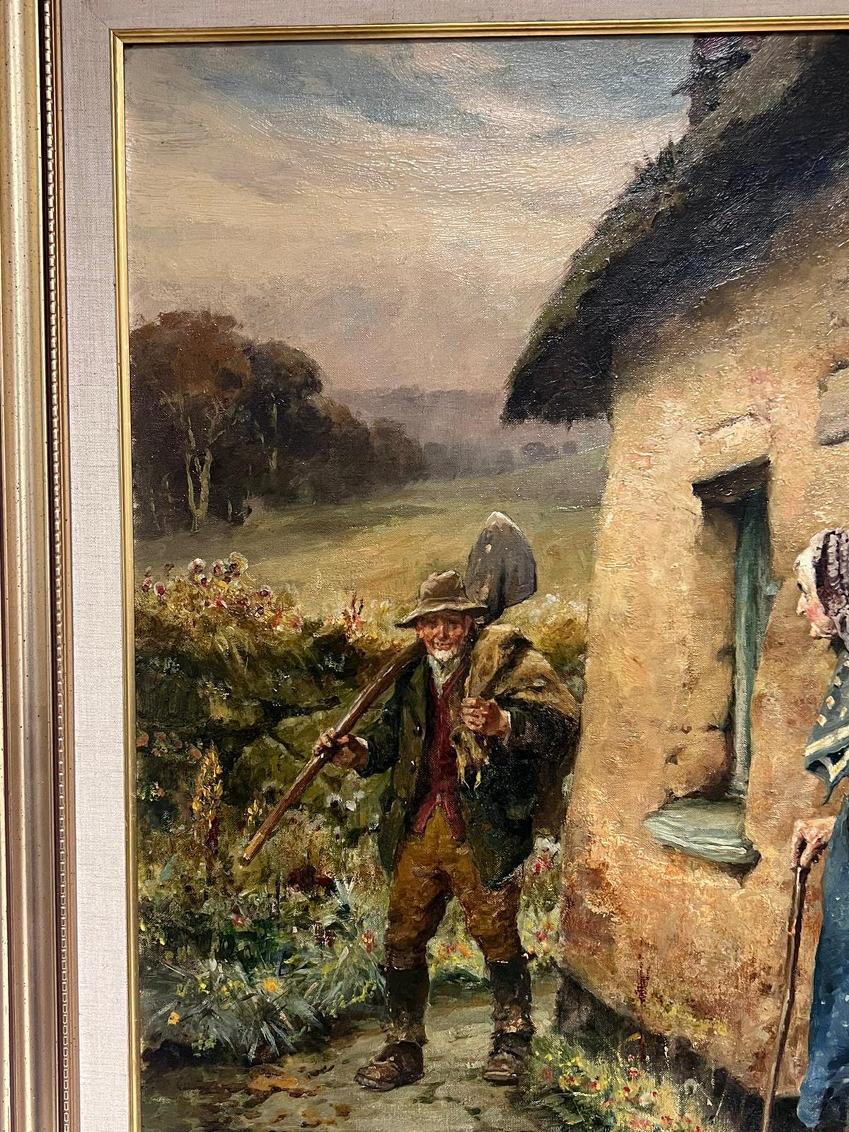 Victorian English Oil Painting Gardener Returning Home to Country Cottage For Sale 1