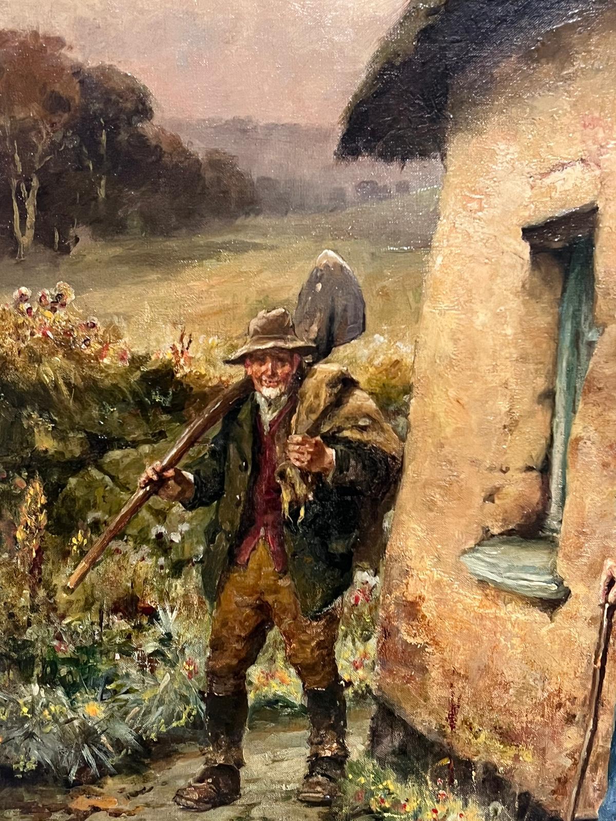 Victorian English Oil Painting Gardener Returning Home to Country Cottage For Sale 2