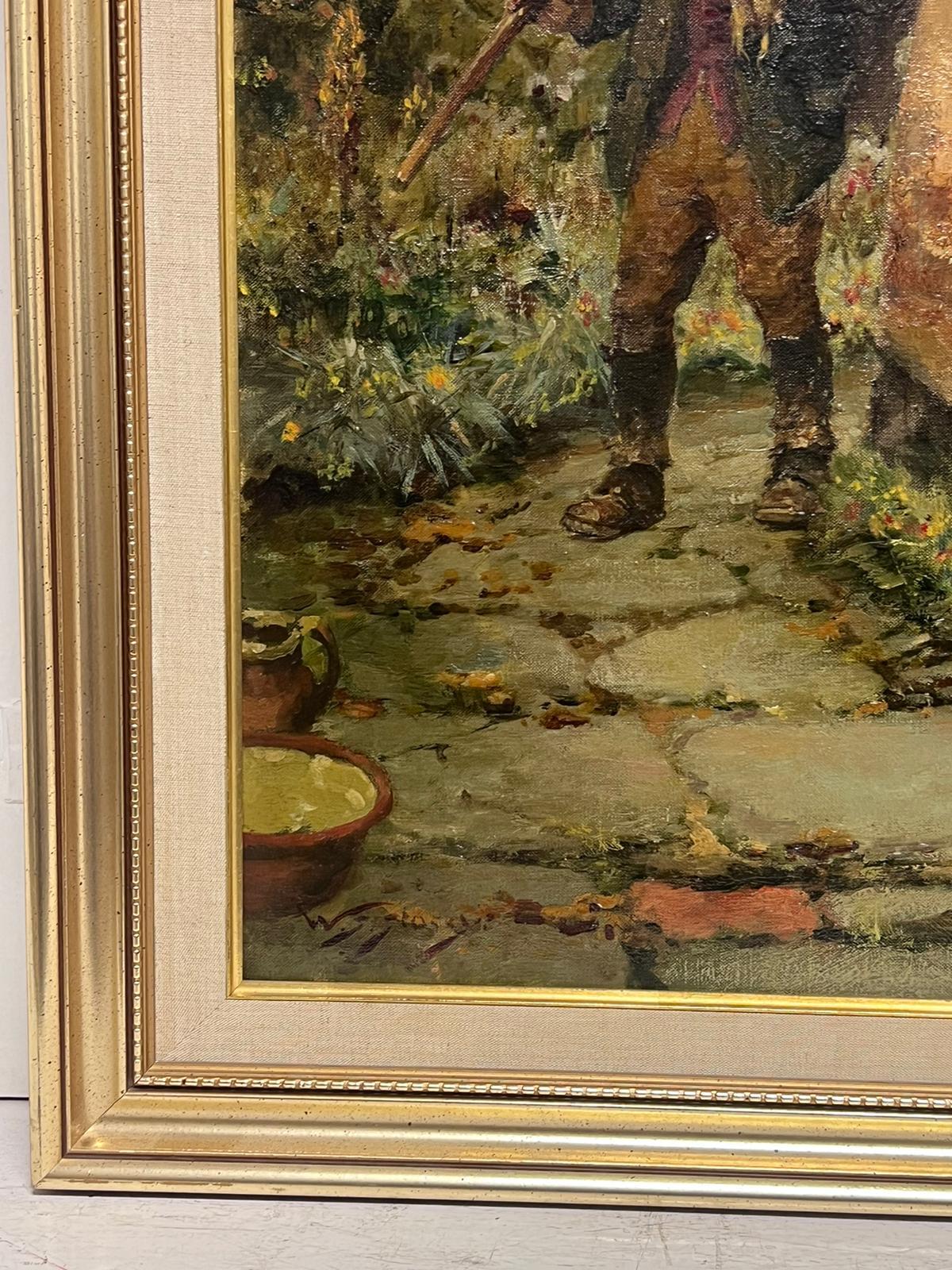 Victorian English Oil Painting Gardener Returning Home to Country Cottage For Sale 3