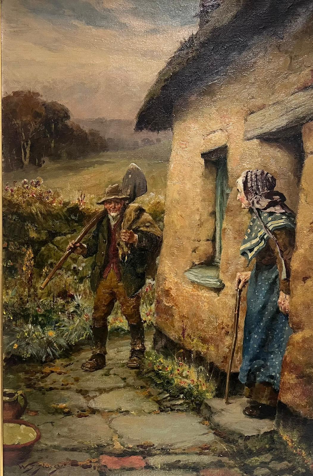 Walter S. Stacey Figurative Painting - Victorian English Oil Painting Gardener Returning Home to Country Cottage