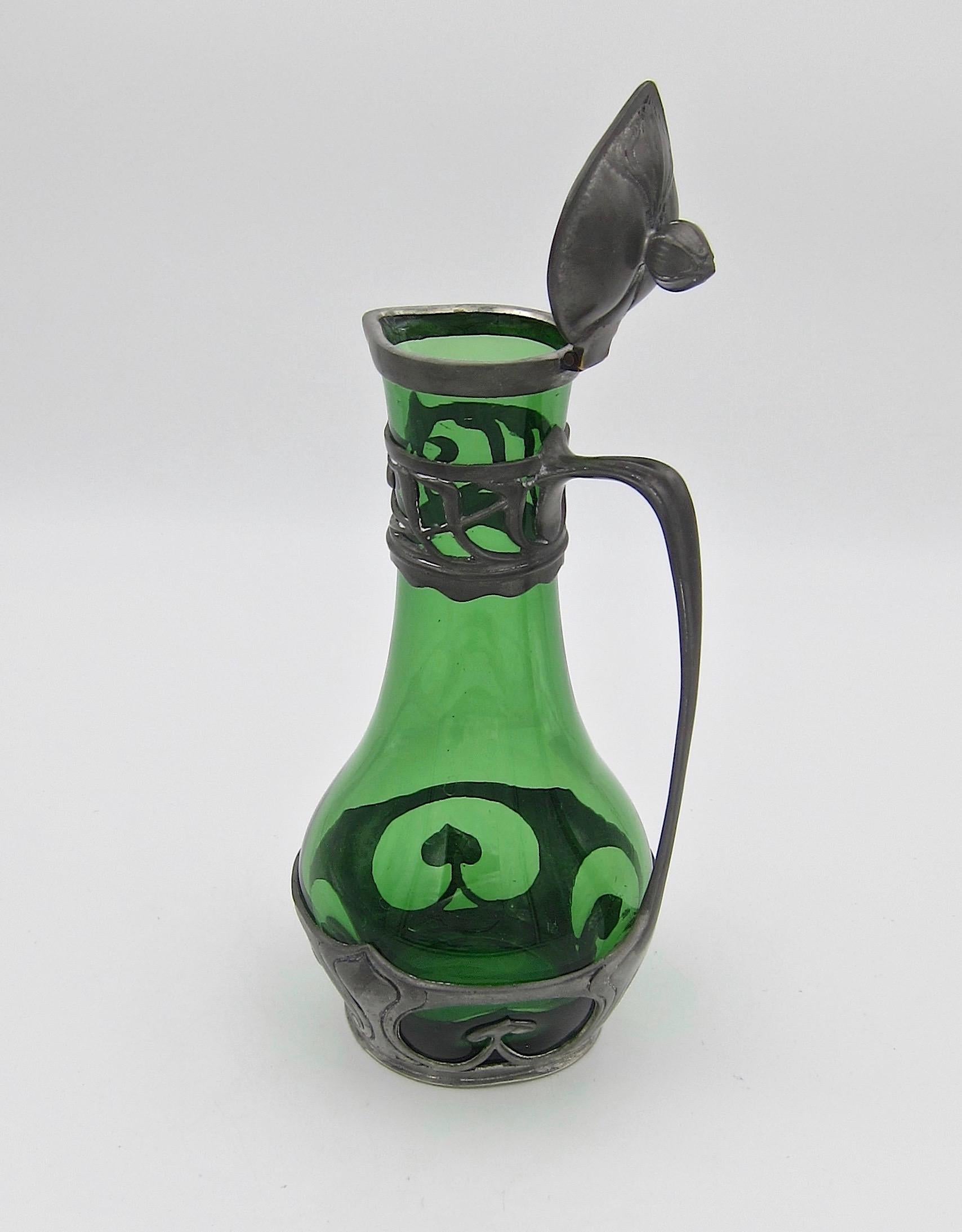 German Walter Scherf & Co Osiris Carafe in Green Glass with Jugendstil Pewter Mounts