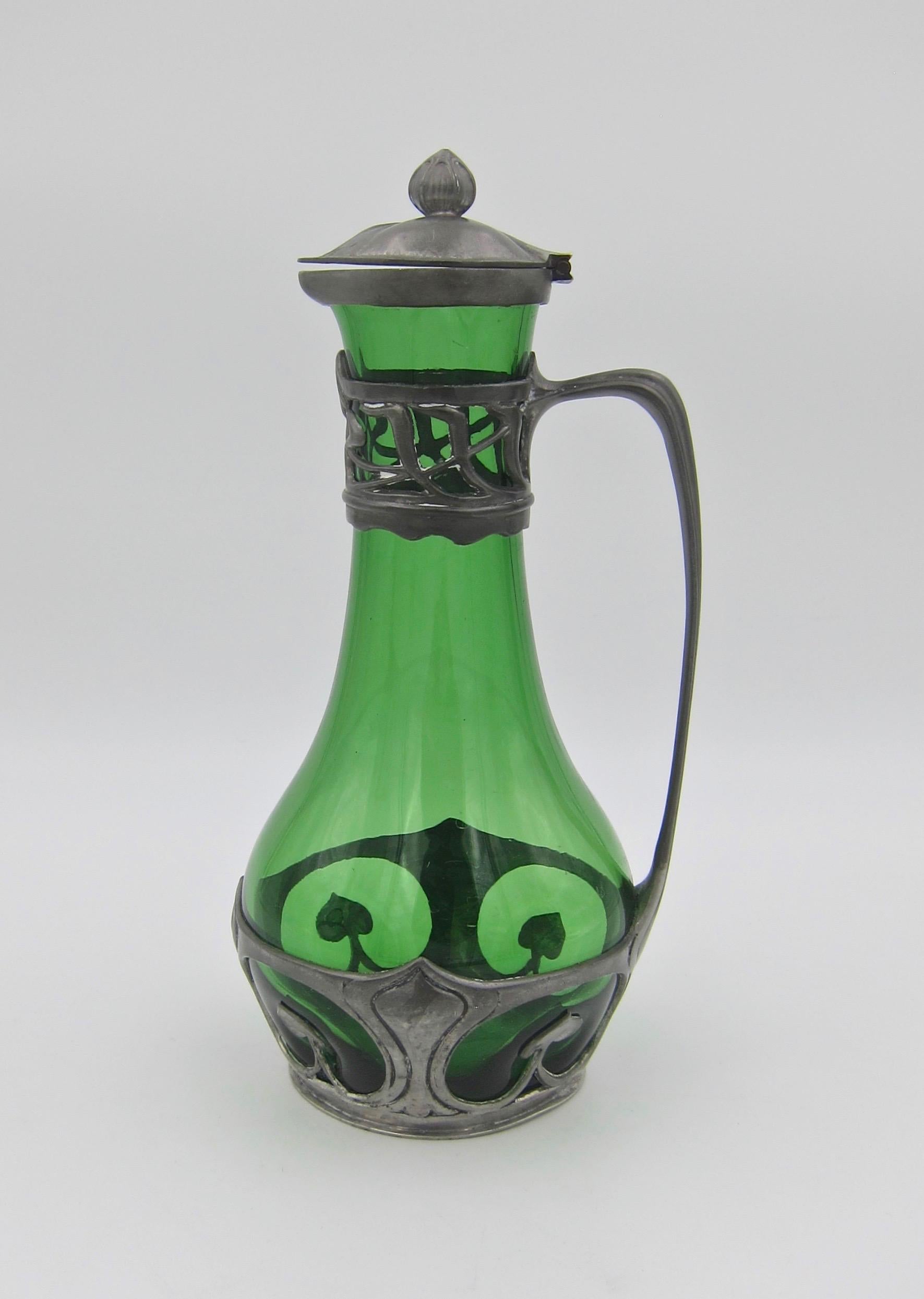 Walter Scherf & Co Osiris Carafe in Green Glass with Jugendstil Pewter Mounts In Good Condition In Los Angeles, CA