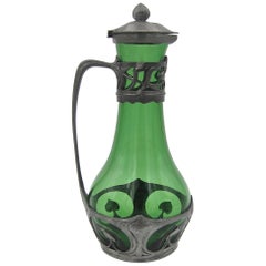 Used Walter Scherf & Co Osiris Carafe in Green Glass with Jugendstil Pewter Mounts