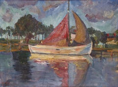 Walter Schleicher, oil on canvas. "Seascape with boat". 1933