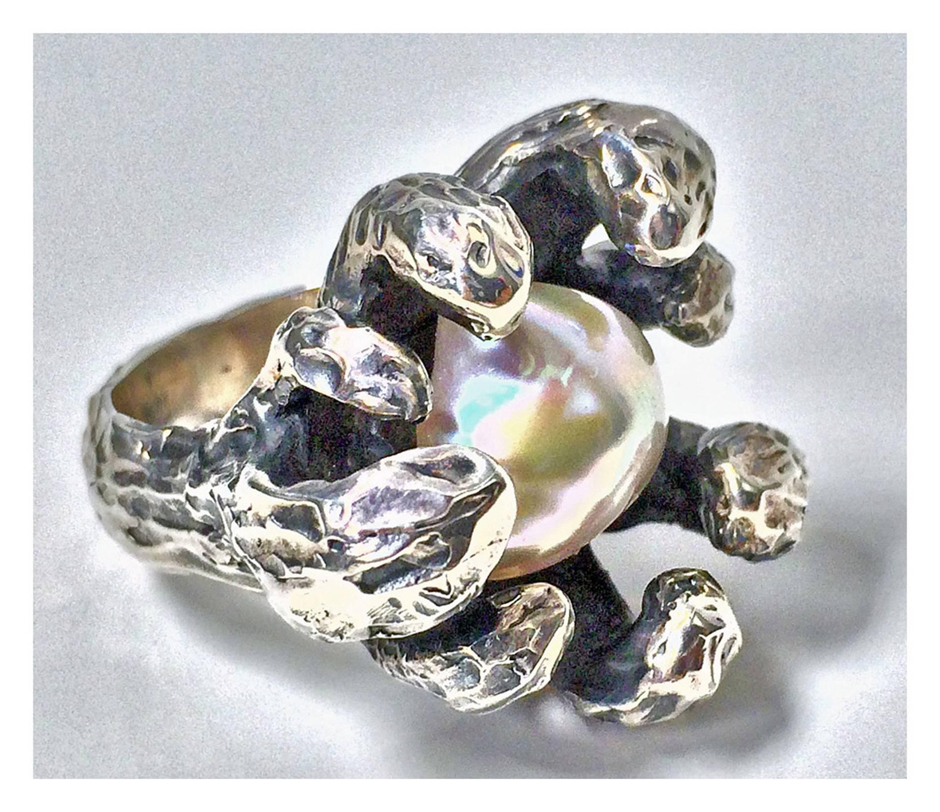 Women's or Men's Walter Schluep Figurative Sterling Silver Pearl Ring