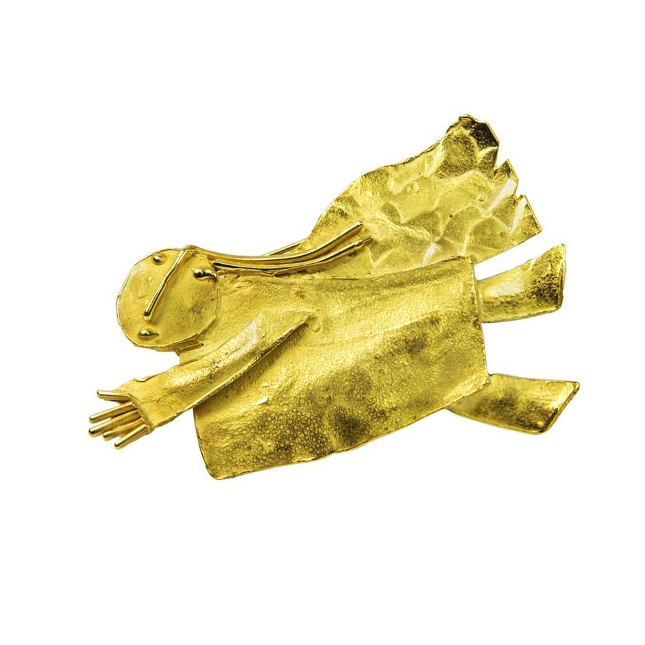 Modernist Walter Schluep Guardian Angel Gold Statement Brooch Pin For Sale