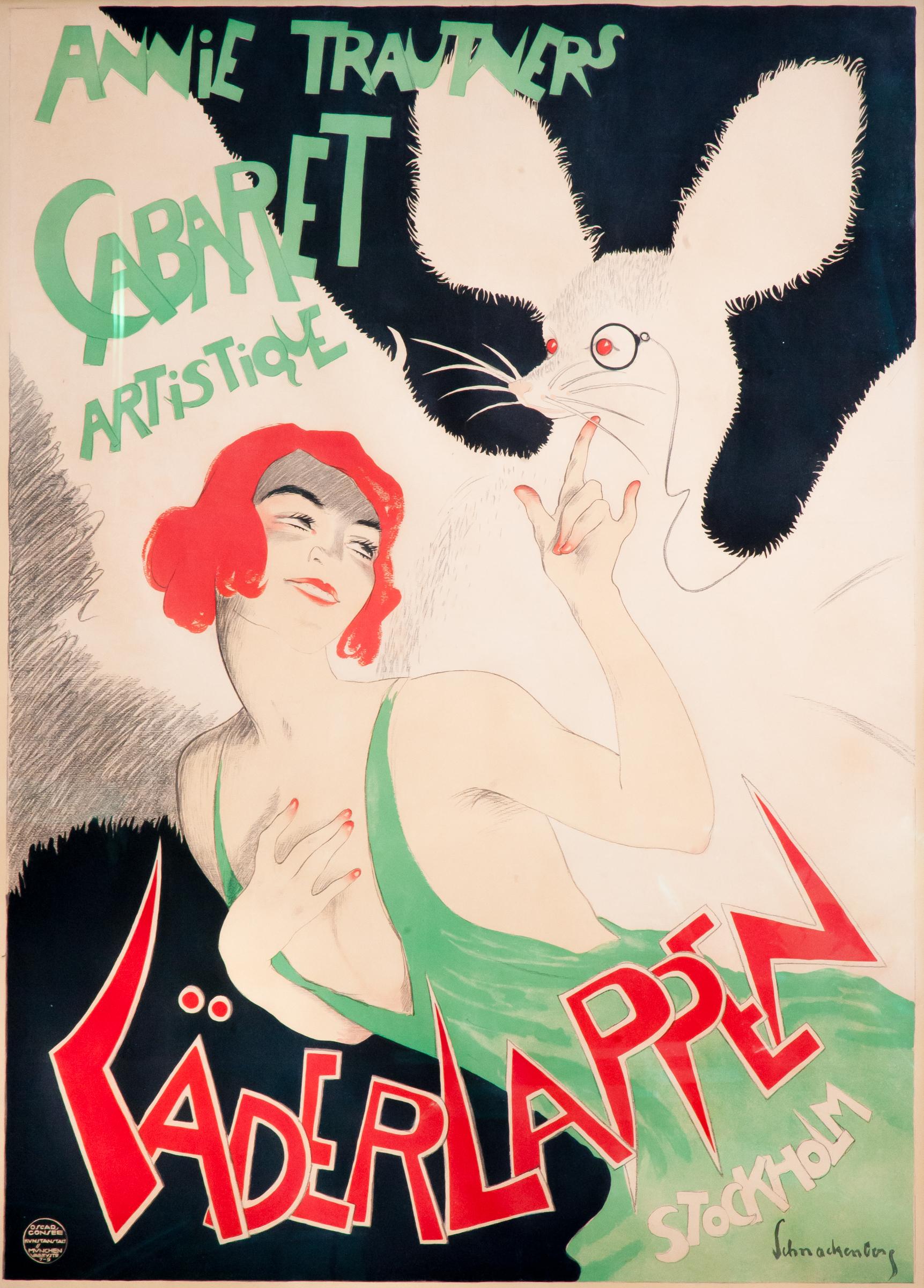 Printed by Oscar Consee, Munich, 1922

Not much is known about this Stockholm-based cabaret act. Translating literally as Bat Man, we see a young dancer tease an oversized bat wearing a monocle -- a truly bizarre but beautiful design. (text by Jack