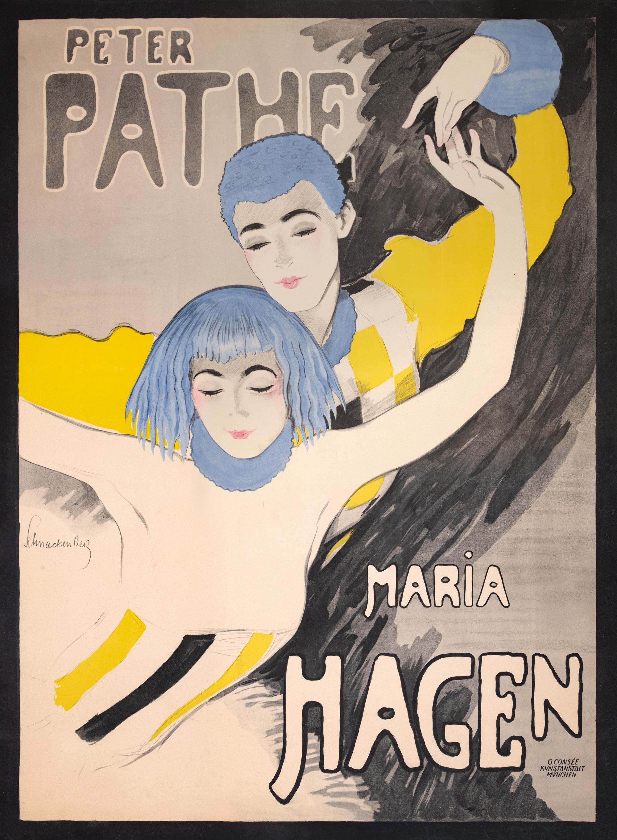 Original vintage lithograph poster with depiction of Munich-based balletic duo Peter Pathe and Maria Hagen. Design by Walter Schnackenberg (German, 1880-1961). A very scarce example. Schnackenberg called his work "suggestive dreams" as his designs